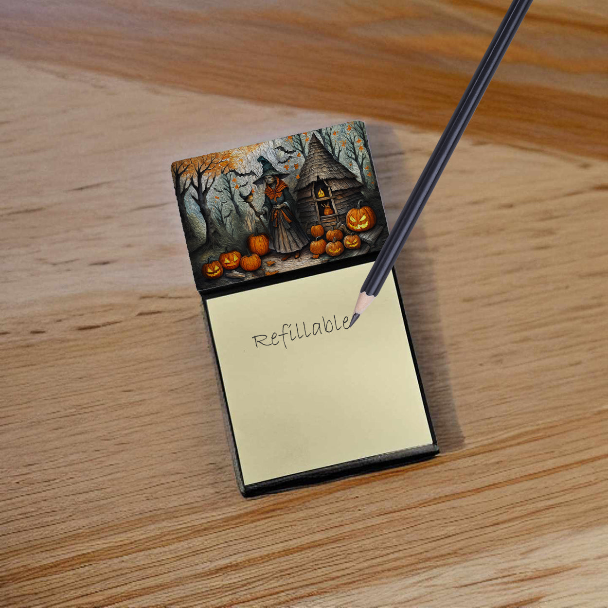 Slavic Witch Spooky Halloween Watercolor Sticky Note Holder Refillable Dispenser Desk Accessory 3x3 Pad Gift
