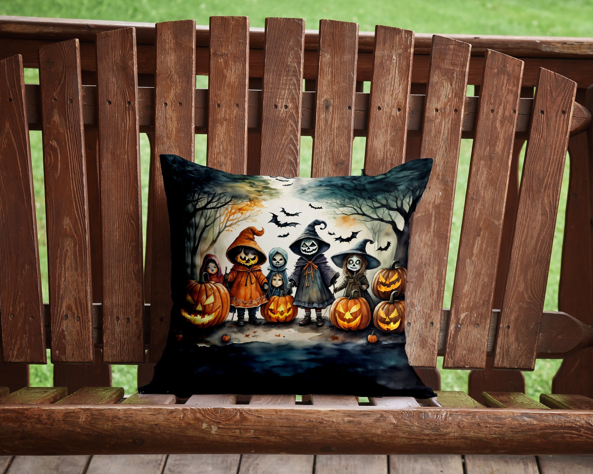 Trick or Treaters Spooky Halloween Decorative Throw Pillow 14x14 Indoor Outdoor Accent Cushion, Fabric Cover with Insert for Sofa, Bed, Porch & Living Room