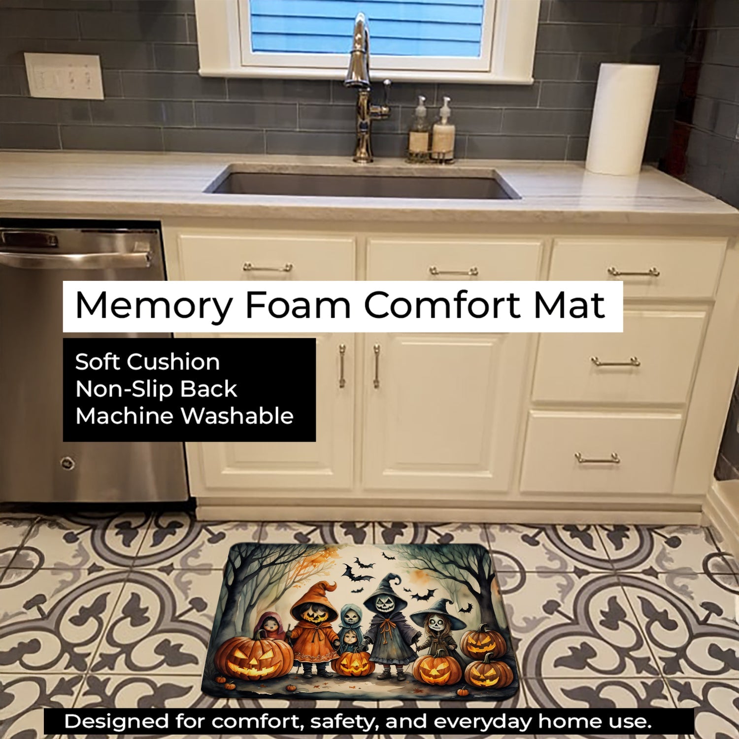 Trick or Treaters Spooky Halloween Memory Foam Kitchen Mat Machine Washable Anti-Fatigue Cushion Comfort Bath or Kitchen Rug