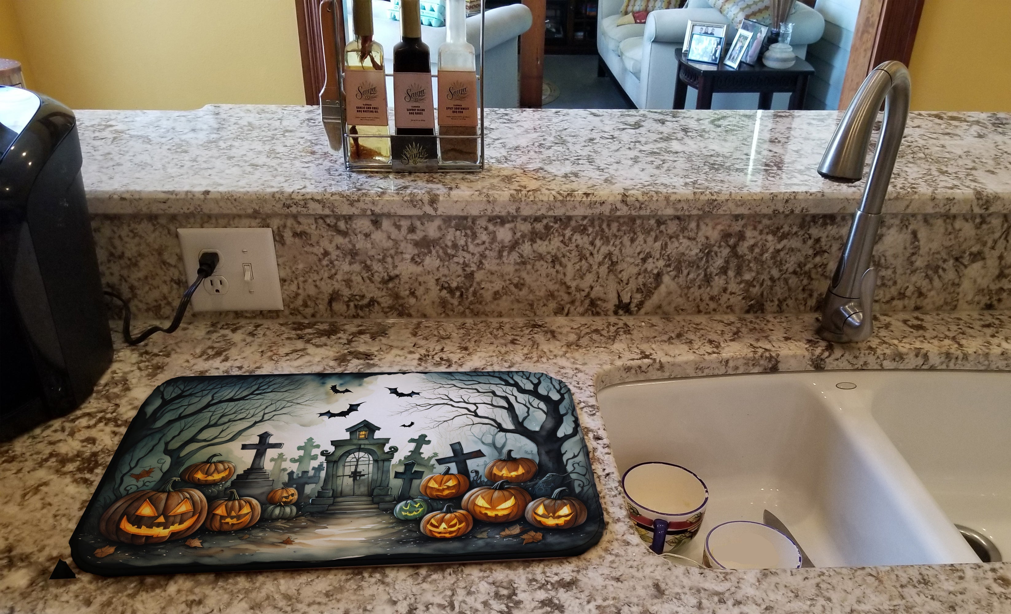 Graveyard Spooky Halloween Dish Drying Mat Absorbent Dish Drying Mat Pad for Kitchen Counter Dish Drainer Mat for Countertop, 14 x 21", Multicolor