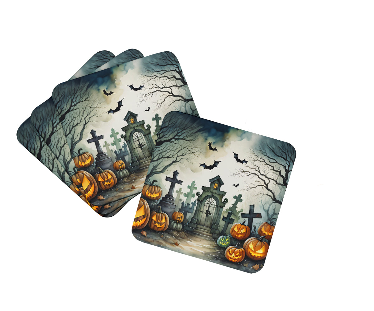 Graveyard Spooky Halloween Foam Coasters Set of 4 Cup Coasters for Indoor Outdoor, Tabletop Protection, Anti Slip, Mouse pad Material