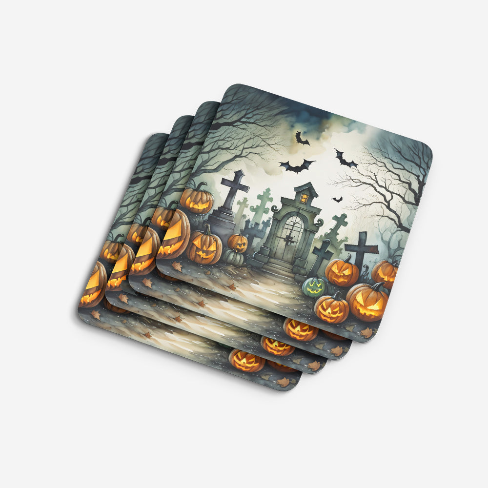 Graveyard Spooky Halloween Foam Coasters Set of 4 Cup Coasters for Indoor Outdoor, Tabletop Protection, Anti Slip, Mouse pad Material