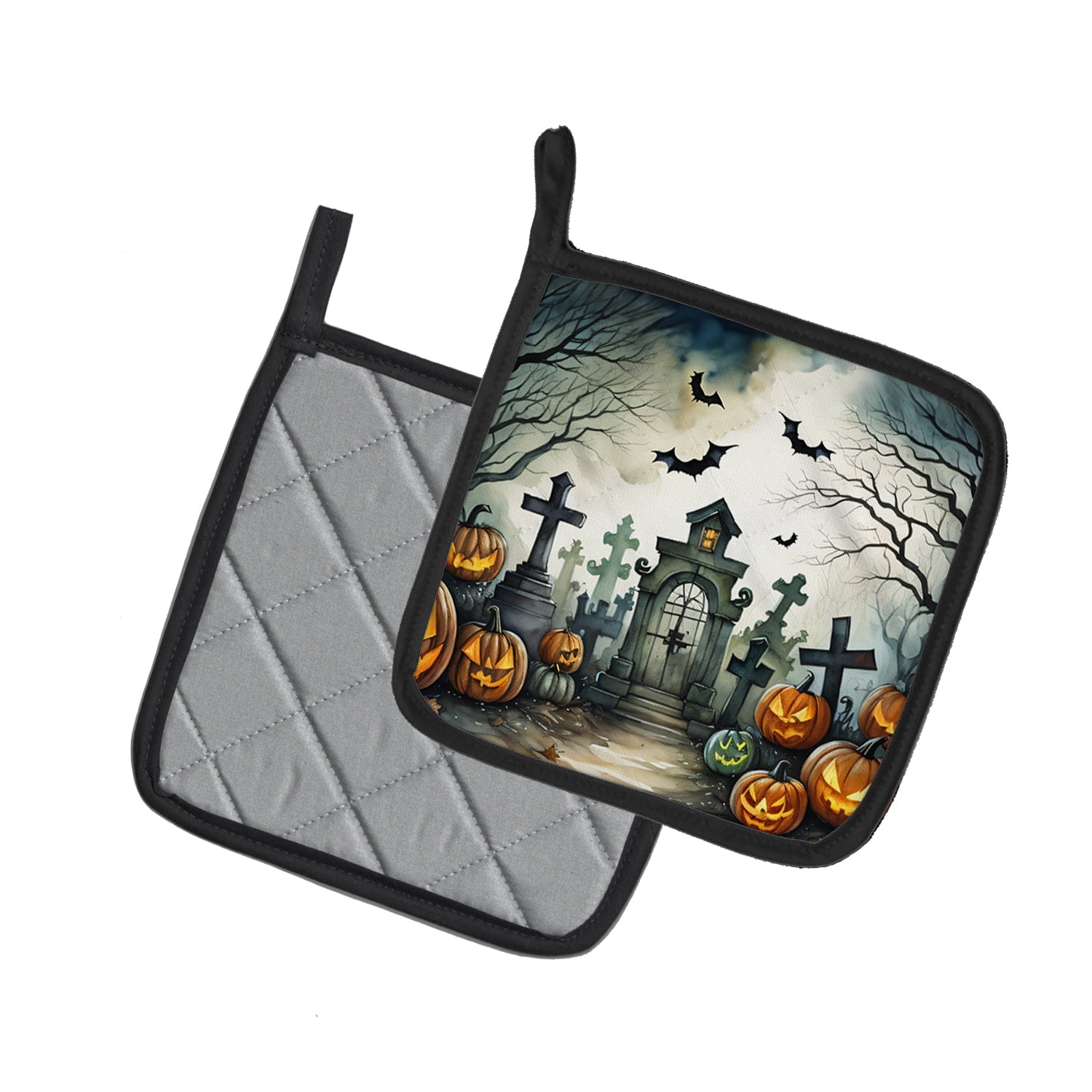 Graveyard Spooky Halloween Pot Holder Set of 2 Heat Resistant Quilted Hot Pads 7.5 x 7.5 Inch, Insulated Kitchen Trivets for Cooking & Baking