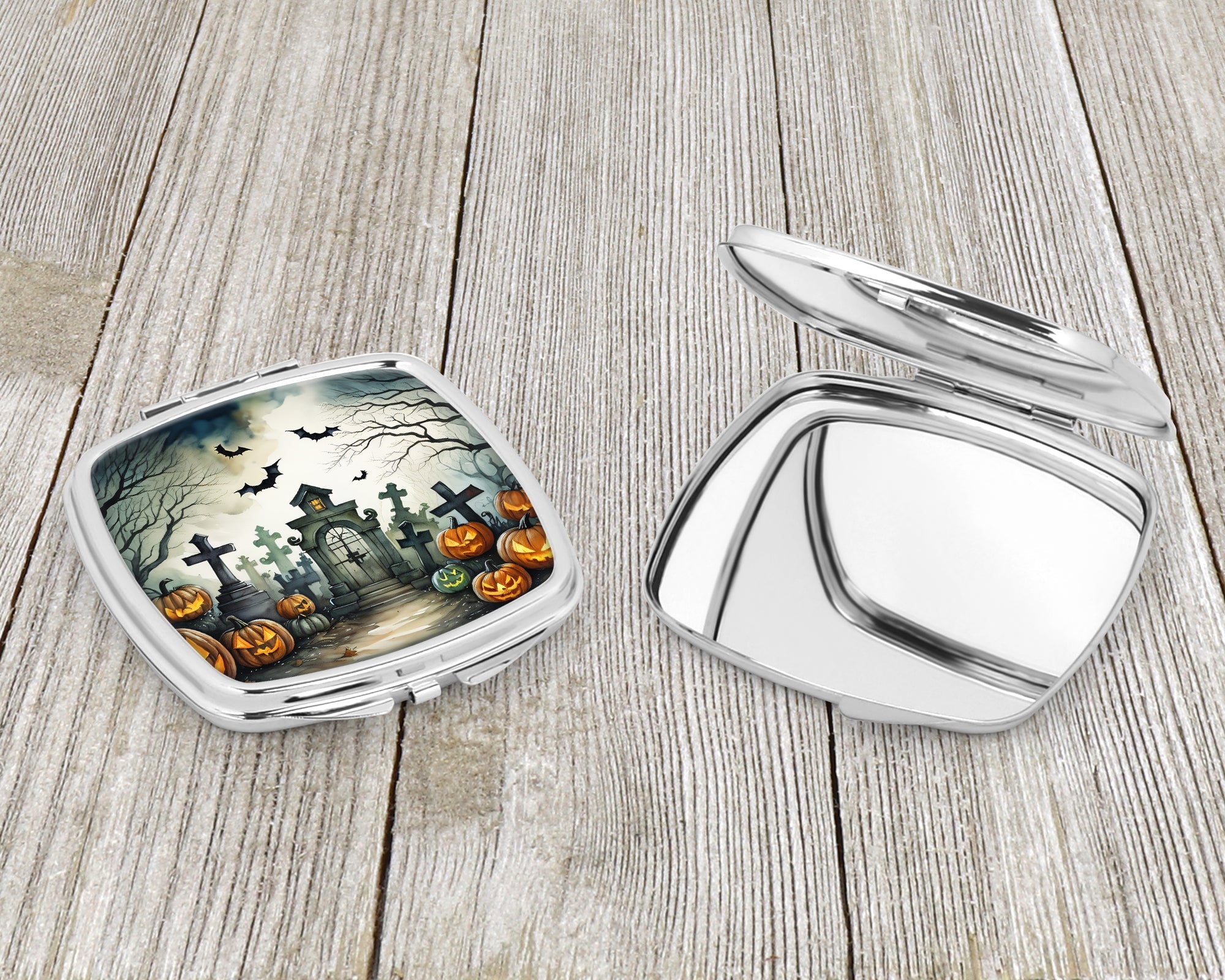 Graveyard Spooky Halloween Compact Mirror Decorative Travel Makeup Mirror for Women Girls Gifts Pocket Makeup Mirror Folding Handheld