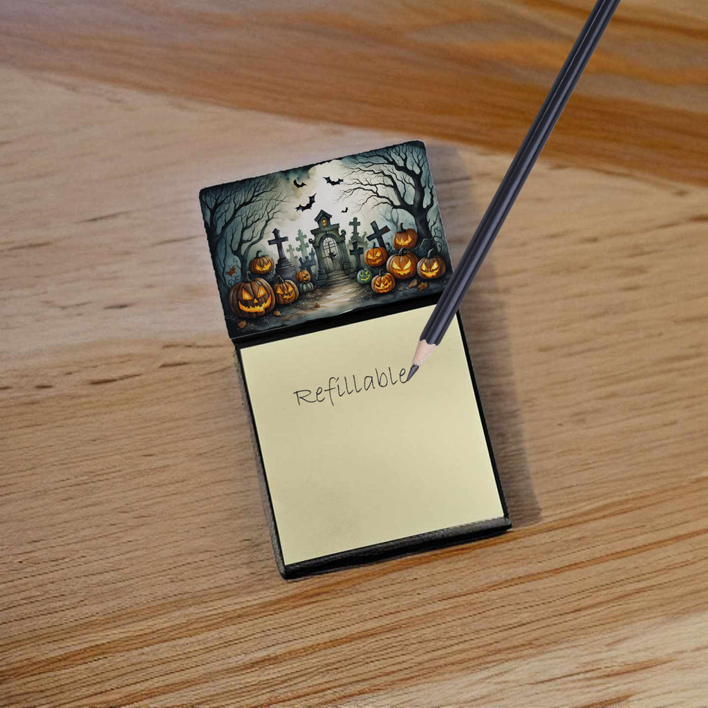 Graveyard Spooky Halloween Watercolor Sticky Note Holder Refillable Dispenser Desk Accessory 3x3 Pad Gift
