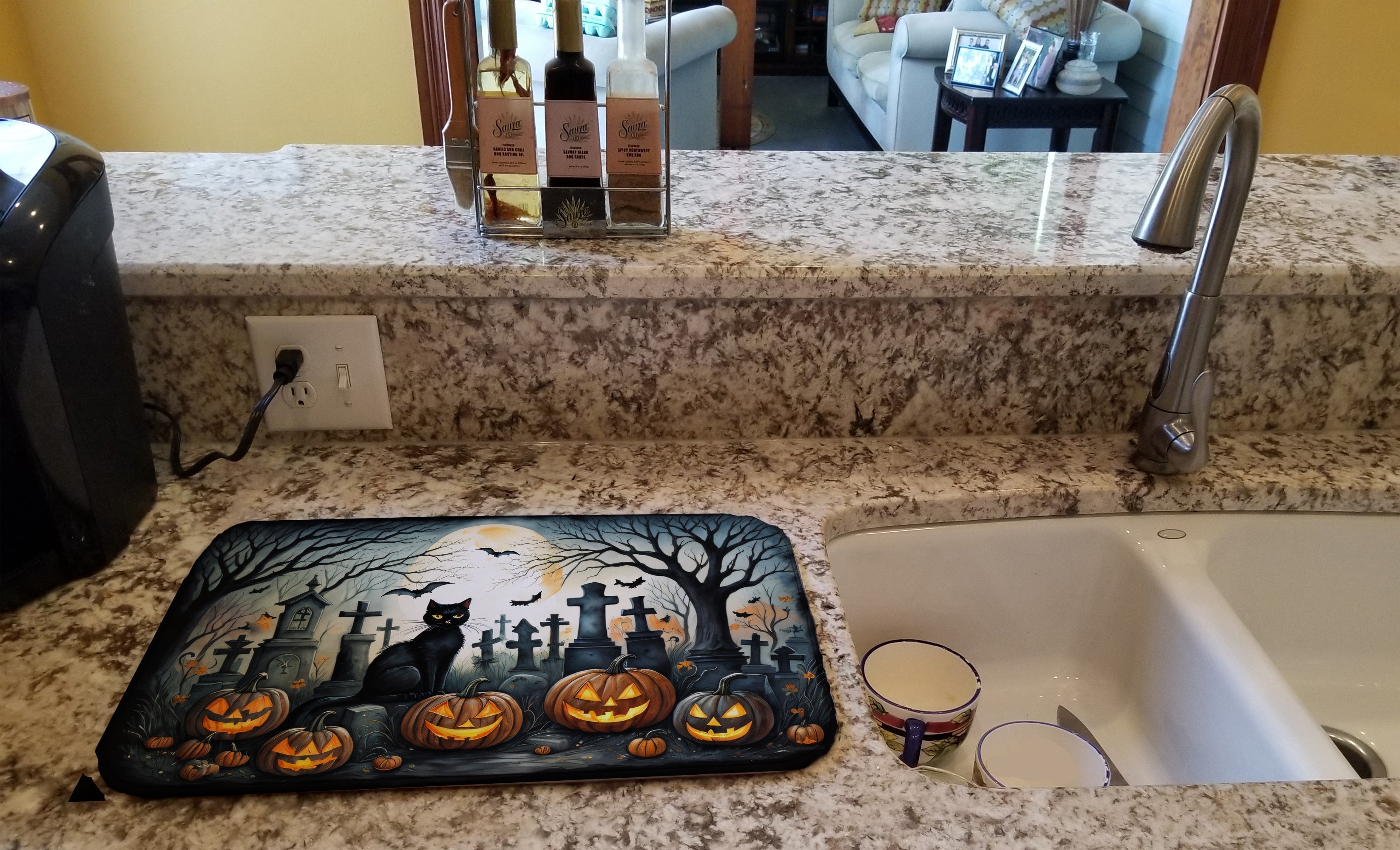 Black Cat Spooky Halloween Dish Drying Mat Absorbent Dish Drying Mat Pad for Kitchen Counter Dish Drainer Mat for Countertop, 14 x 21", Multicolor