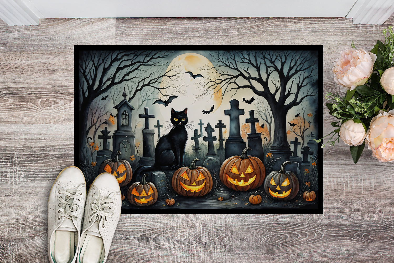 Black Cat Spooky Halloween Doormat Indoor Outdoor 24H X 36W Front Door Mat Rugs for Entryway, Non Slip Washable Low Pile,
