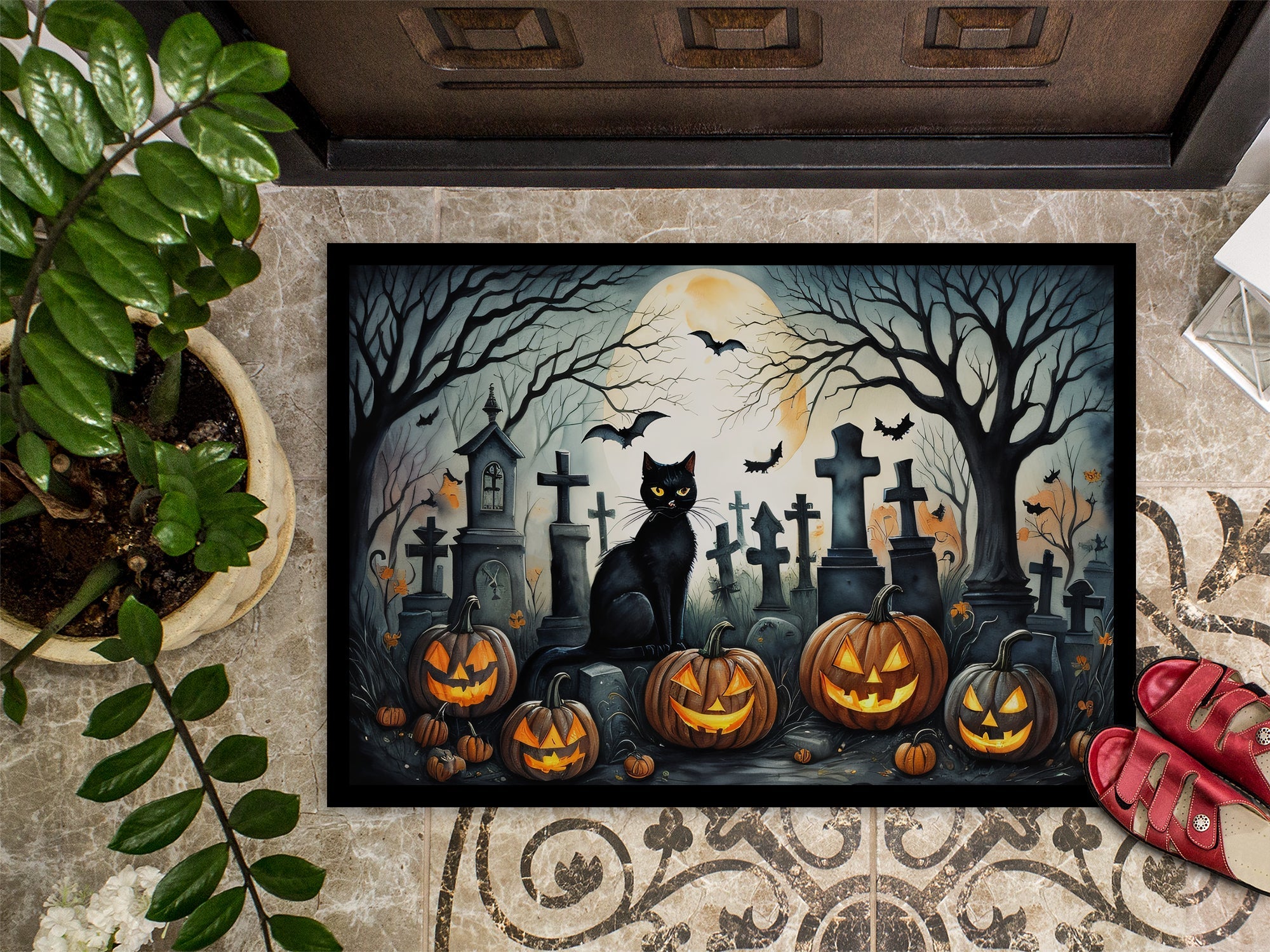 Black Cat Spooky Halloween Doormat Indoor Outdoor 24H X 36W Front Door Mat Rugs for Entryway, Non Slip Washable Low Pile,