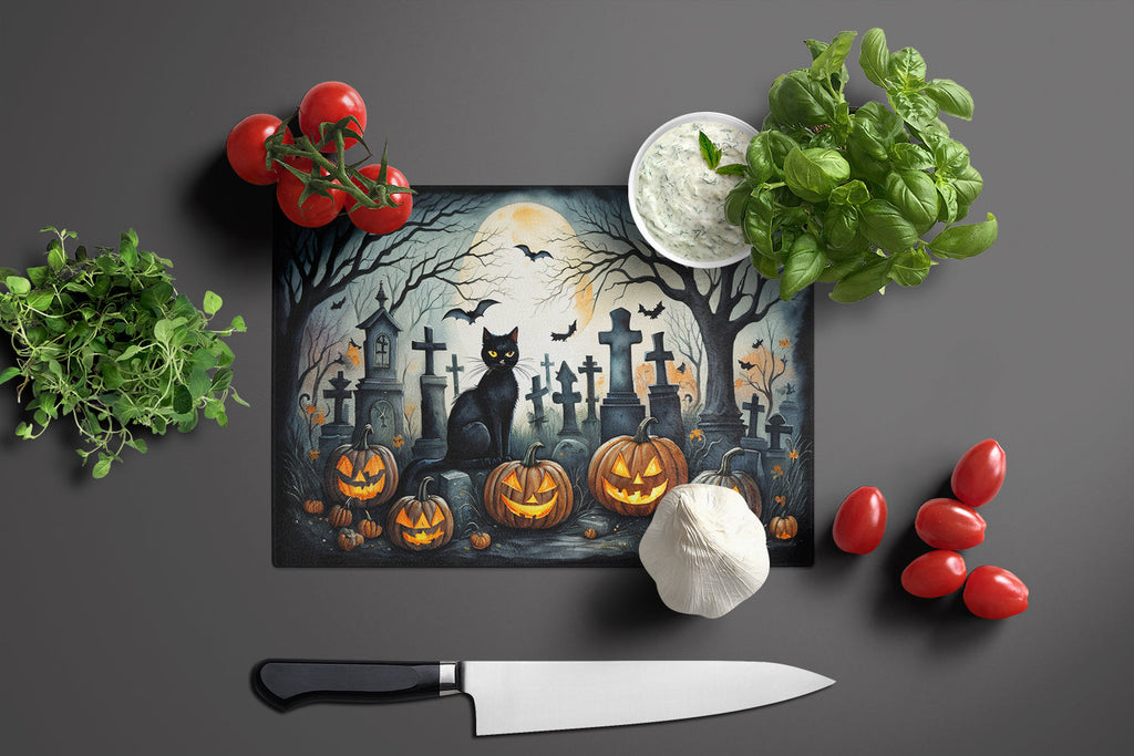 Black Cat Spooky Halloween Cutting Board Tempered Glass Kitchen Cutting Surface, Heat Resistant Chopping, Non-Slip Feet, Food Prep & Serving