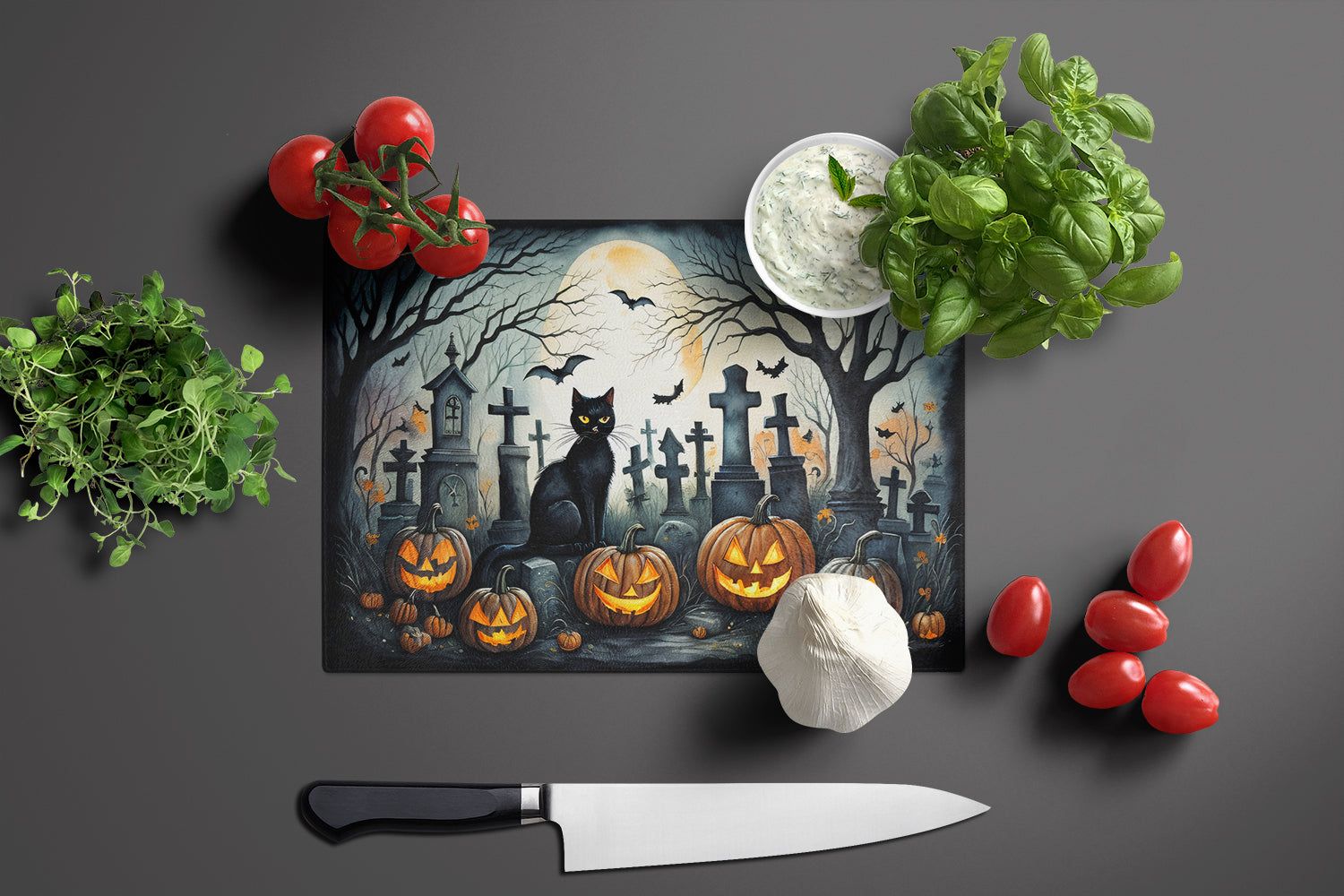 Black Cat Spooky Halloween Cutting Board Tempered Glass Kitchen Cutting Surface, Heat Resistant Chopping, Non-Slip Feet, Food Prep & Serving