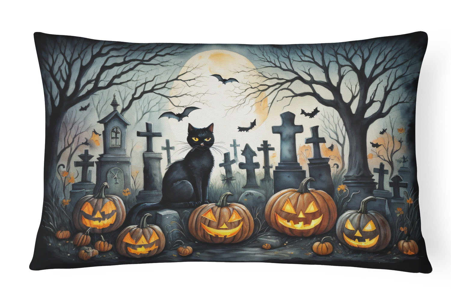 Black Cat Spooky Halloween Decorative Throw Pillow 12x16 Indoor Outdoor Accent Cushion, Fabric Cover with Insert for Sofa, Bed, Porch & Living Room