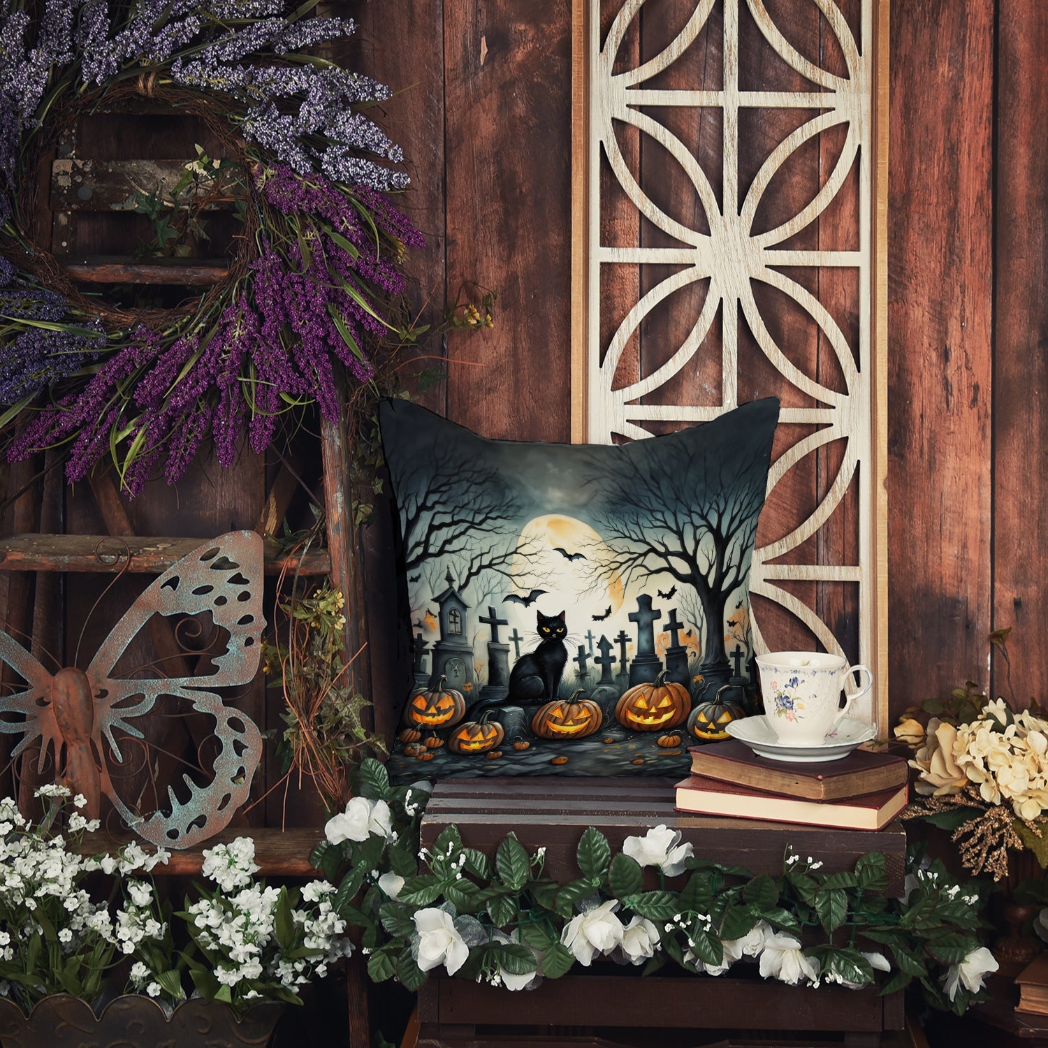 Black Cat Spooky Halloween Decorative Throw Pillow 14x14 Indoor Outdoor Accent Cushion, Fabric Cover with Insert for Sofa, Bed, Porch & Living Room