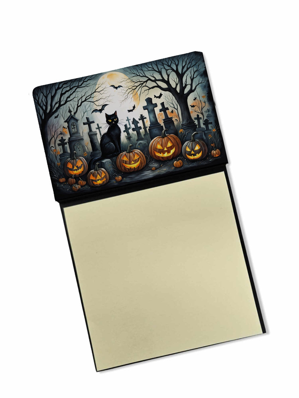 Black Cat Spooky Halloween Watercolor Sticky Note Holder Refillable Dispenser Desk Accessory 3x3 Pad Gift