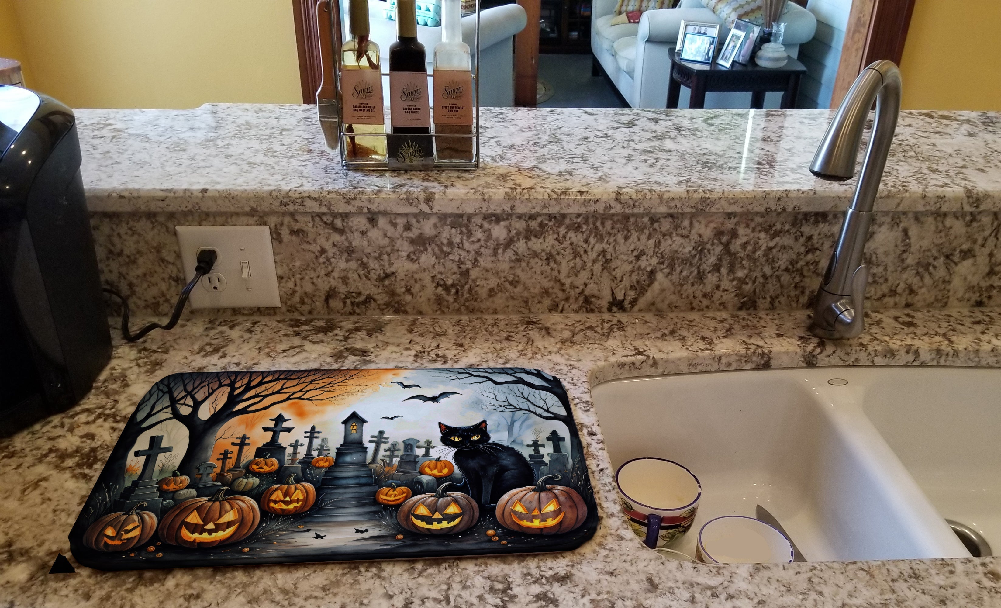 Black Cat Spooky Halloween Dish Drying Mat Absorbent Dish Drying Mat Pad for Kitchen Counter Dish Drainer Mat for Countertop, 14 x 21", Multicolor