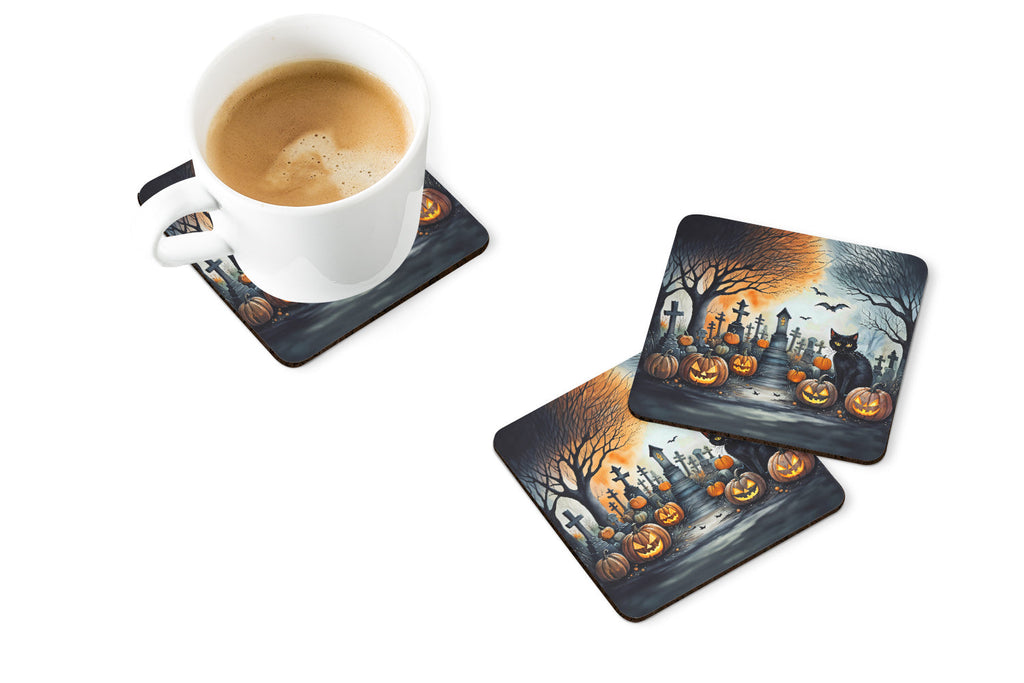 Black Cat Spooky Halloween Foam Coasters Set of 4 Cup Coasters for Indoor Outdoor, Tabletop Protection, Anti Slip, Mouse pad Material