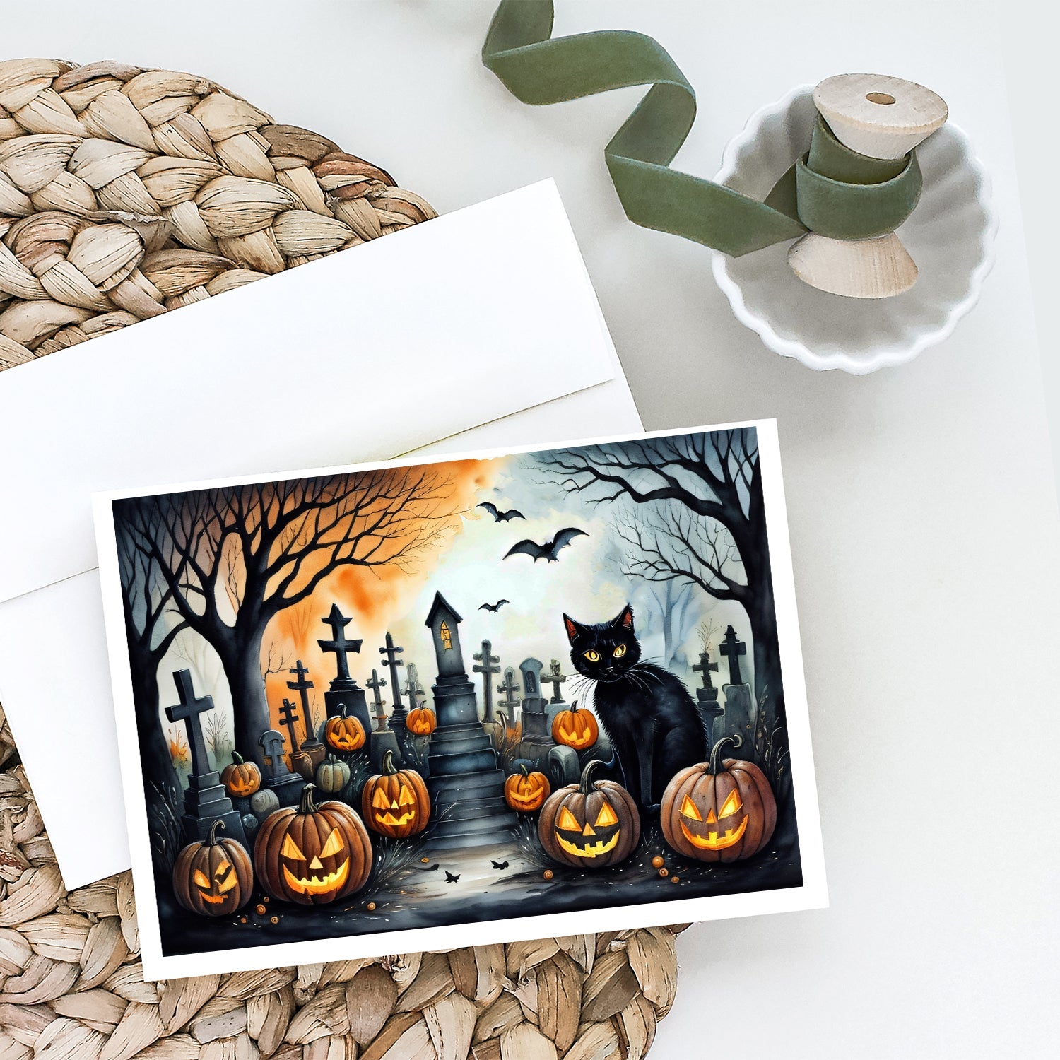Black Cat Spooky Halloween Greeting Cards Pack of 8 Blank Cards with Envelopes Whimsical A7 Size 5x7