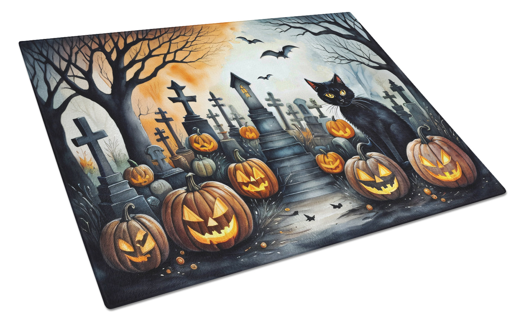 Black Cat Spooky Halloween Cutting Board Tempered Glass Kitchen Cutting Surface, Heat Resistant Chopping, Non-Slip Feet, Food Prep & Serving