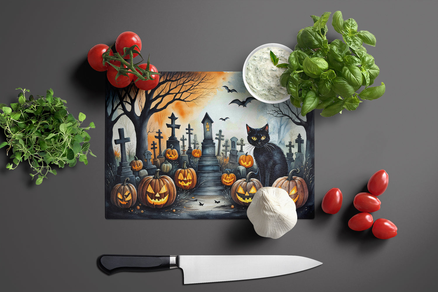 Black Cat Spooky Halloween Cutting Board Tempered Glass Kitchen Cutting Surface, Heat Resistant Chopping, Non-Slip Feet, Food Prep & Serving