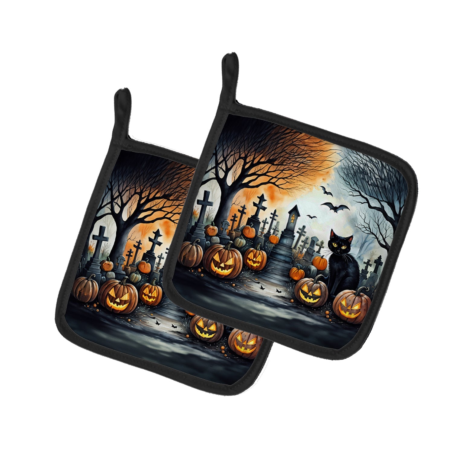Black Cat Spooky Halloween Pot Holder Set of 2 Heat Resistant Quilted Hot Pads 7.5 x 7.5 Inch, Insulated Kitchen Trivets for Cooking & Baking