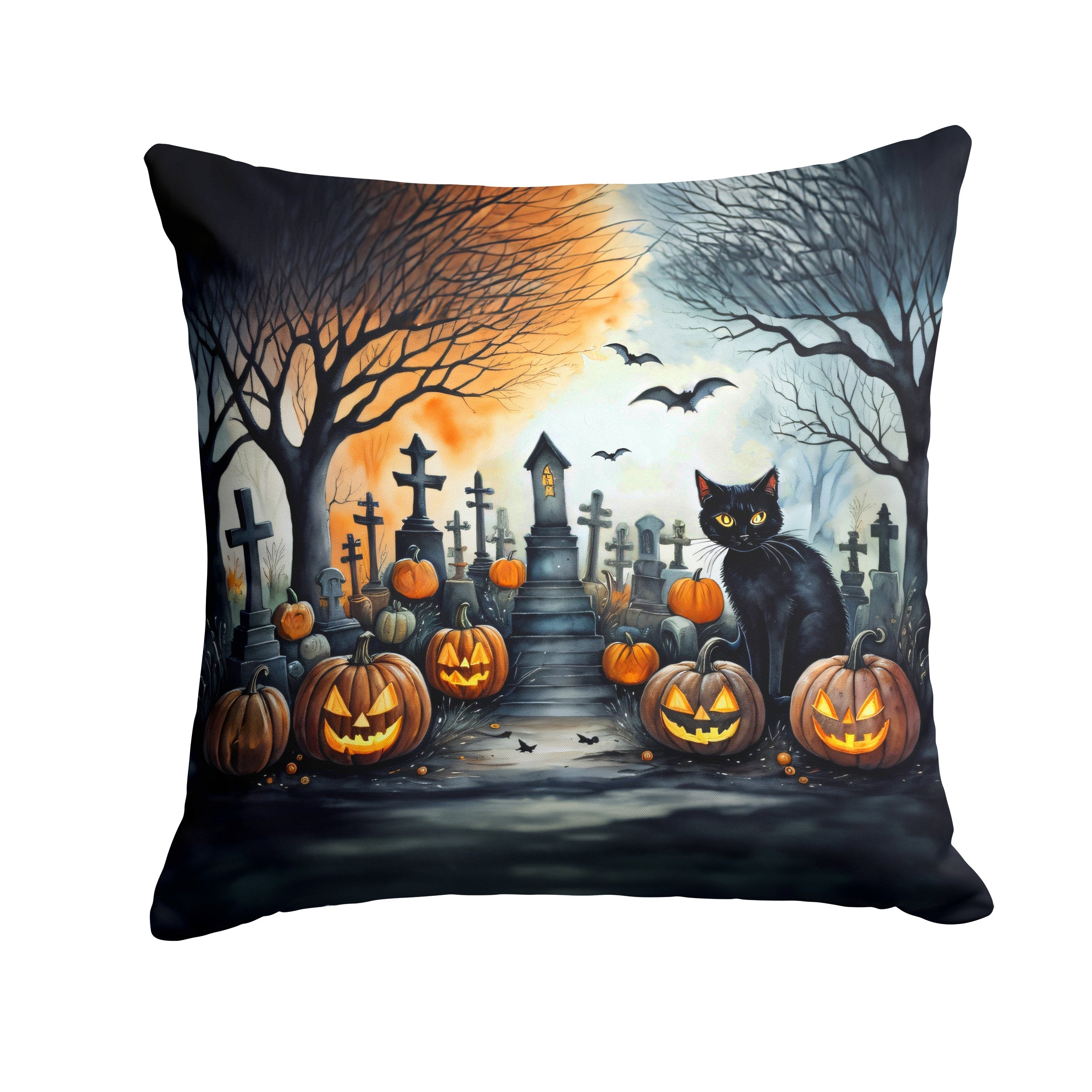 Black Cat Spooky Halloween Decorative Throw Pillow 14x14 Indoor Outdoor Accent Cushion, Fabric Cover with Insert for Sofa, Bed, Porch & Living Room
