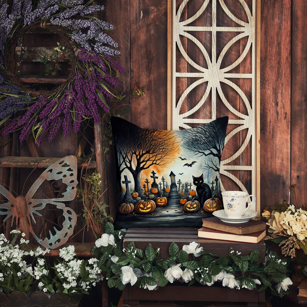 Black Cat Spooky Halloween Decorative Throw Pillow 14x14 Indoor Outdoor Accent Cushion, Fabric Cover with Insert for Sofa, Bed, Porch & Living Room