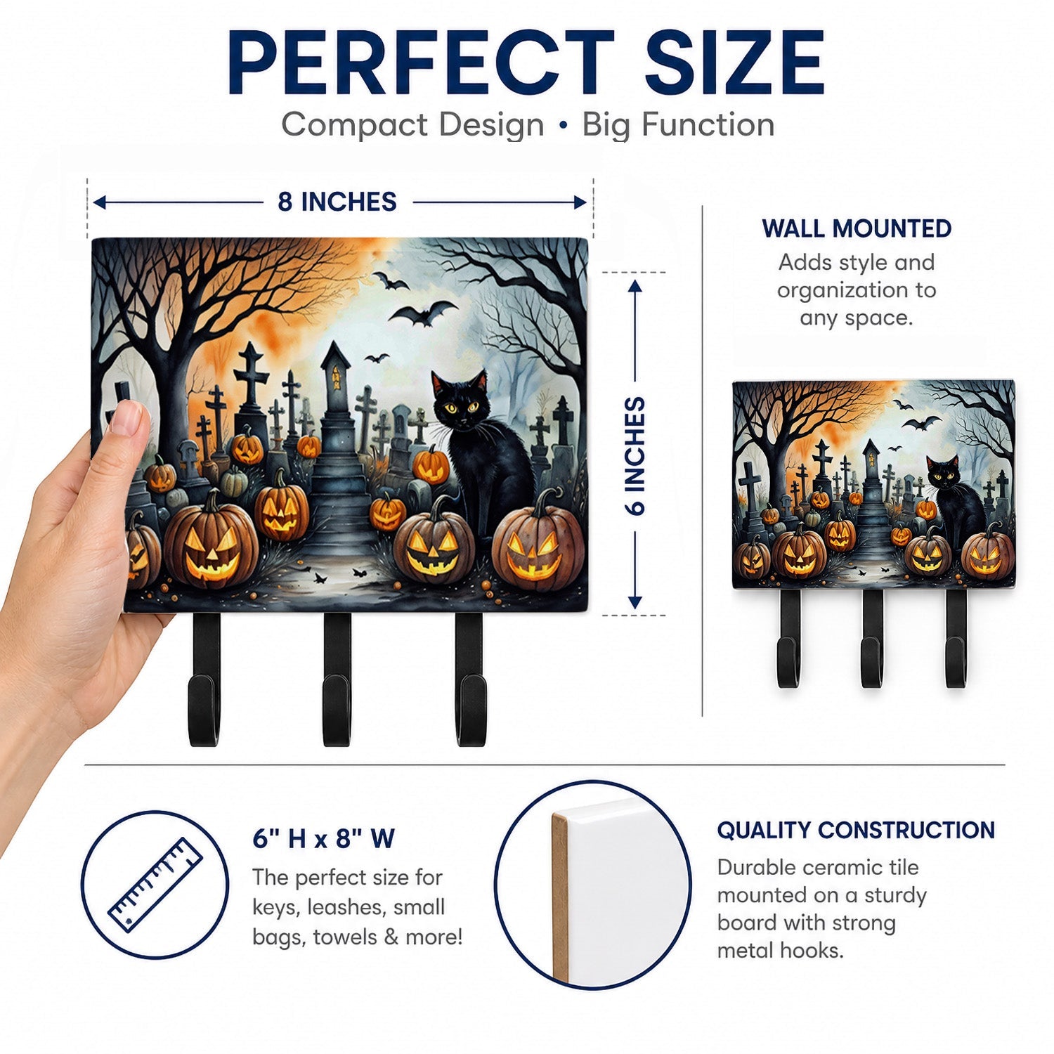 Black Cat Spooky Halloween Leash or Key Holder Wall Hooks, Coat Rack Wall Mount, for Hanging Keys, Towels, Aprons, Leashes