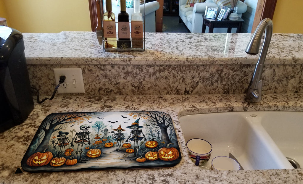Calacas Skeletons Spooky Halloween Dish Drying Mat Absorbent Dish Drying Mat Pad for Kitchen Counter Dish Drainer Mat for Countertop, 14 x 21", Multicolor