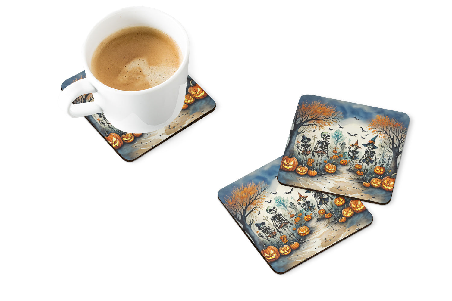 Calacas Skeletons Spooky Halloween Foam Coasters Set of 4 Cup Coasters for Indoor Outdoor, Tabletop Protection, Anti Slip, Mouse pad Material