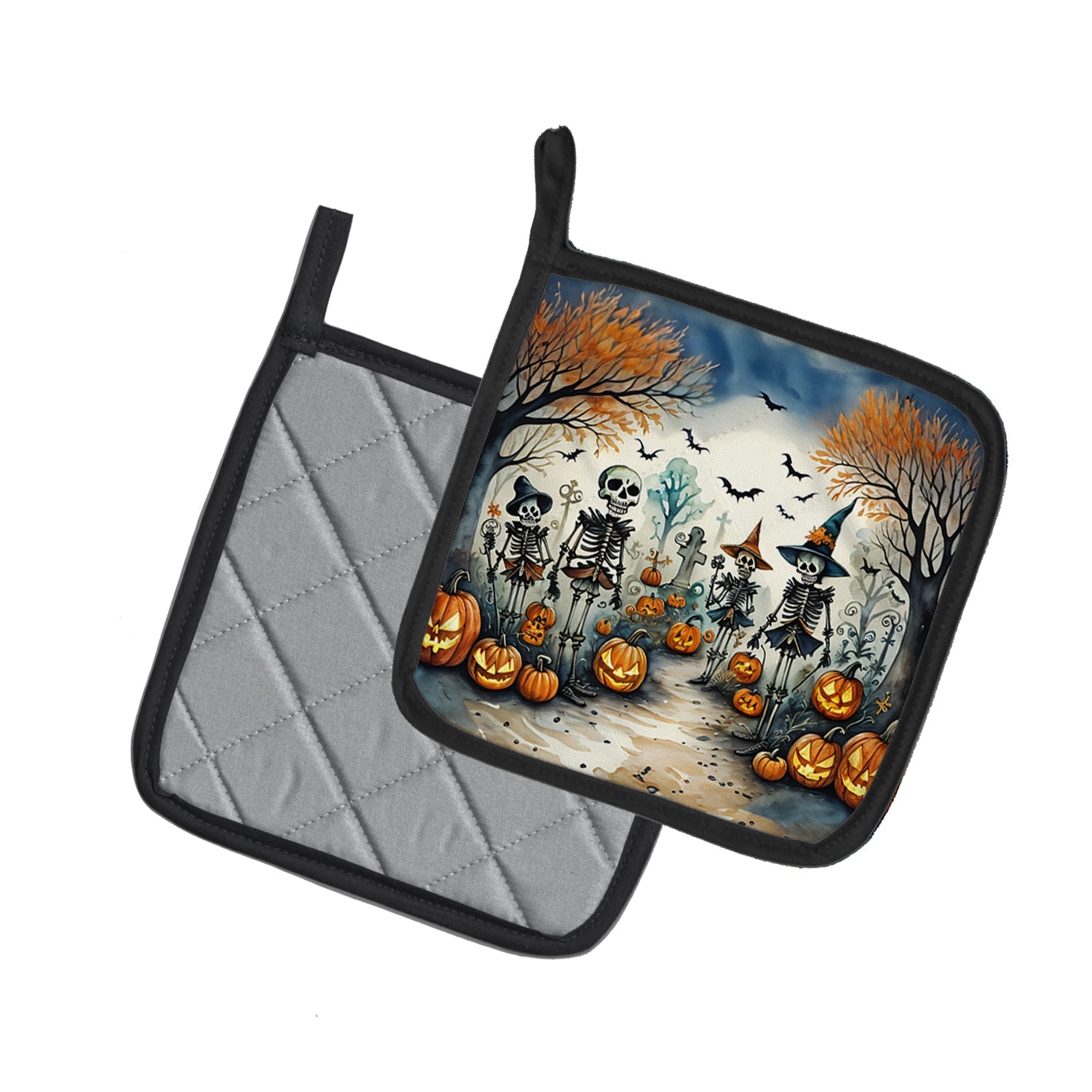Calacas Skeletons Spooky Halloween Pot Holder Set of 2 Heat Resistant Quilted Hot Pads 7.5 x 7.5 Inch, Insulated Kitchen Trivets for Cooking & Baking