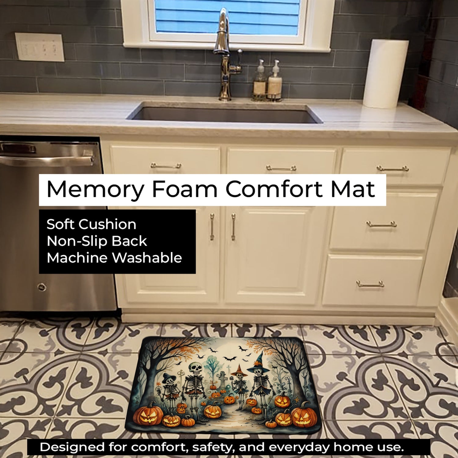 Calacas Skeletons Spooky Halloween Memory Foam Kitchen Mat Machine Washable Anti-Fatigue Cushion Comfort Bath or Kitchen Rug