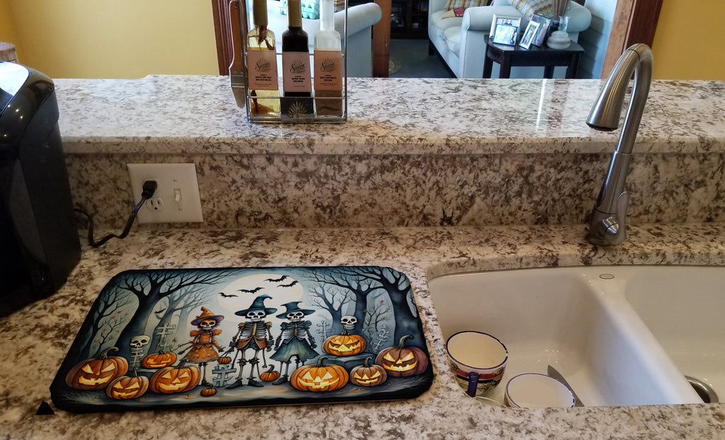 Calacas Skeletons Spooky Halloween Dish Drying Mat Absorbent Dish Drying Mat Pad for Kitchen Counter Dish Drainer Mat for Countertop, 14 x 21", Multicolor
