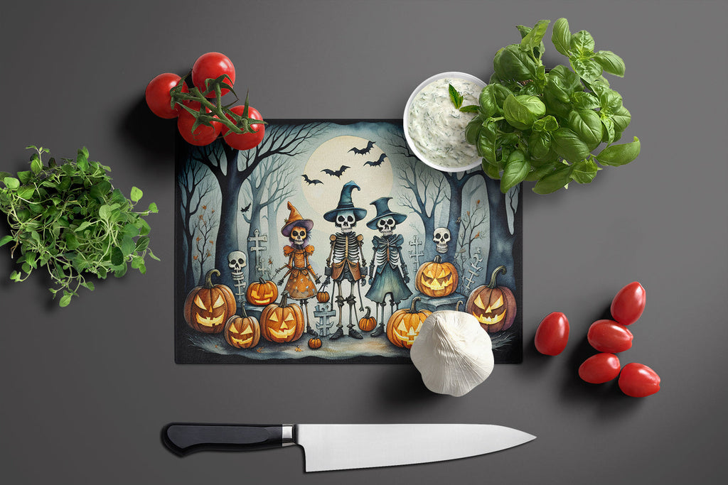 Calacas Skeletons Spooky Halloween Cutting Board Tempered Glass Kitchen Cutting Surface, Heat Resistant Chopping, Non-Slip Feet, Food Prep & Serving