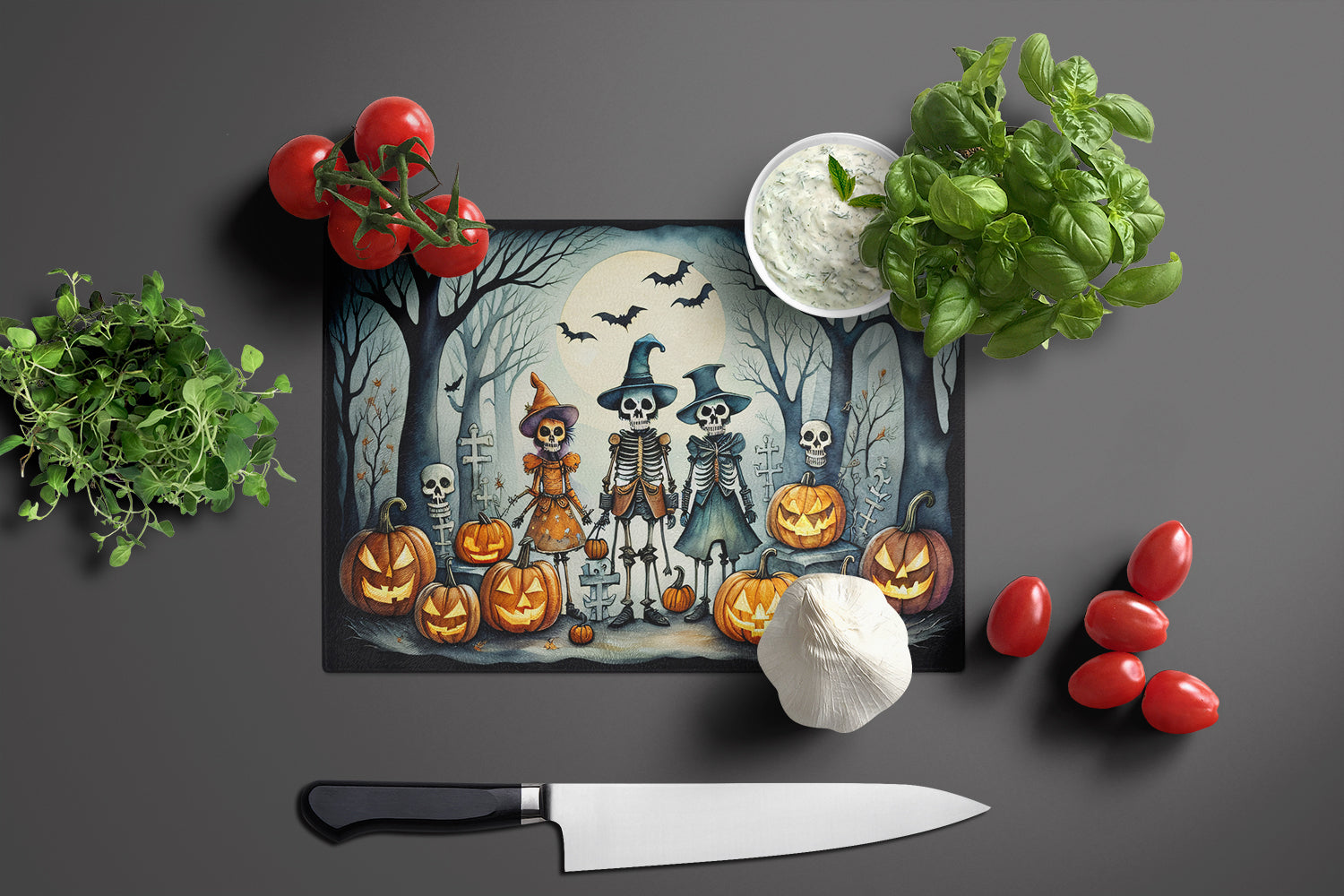 Calacas Skeletons Spooky Halloween Cutting Board Tempered Glass Kitchen Cutting Surface, Heat Resistant Chopping, Non-Slip Feet, Food Prep & Serving
