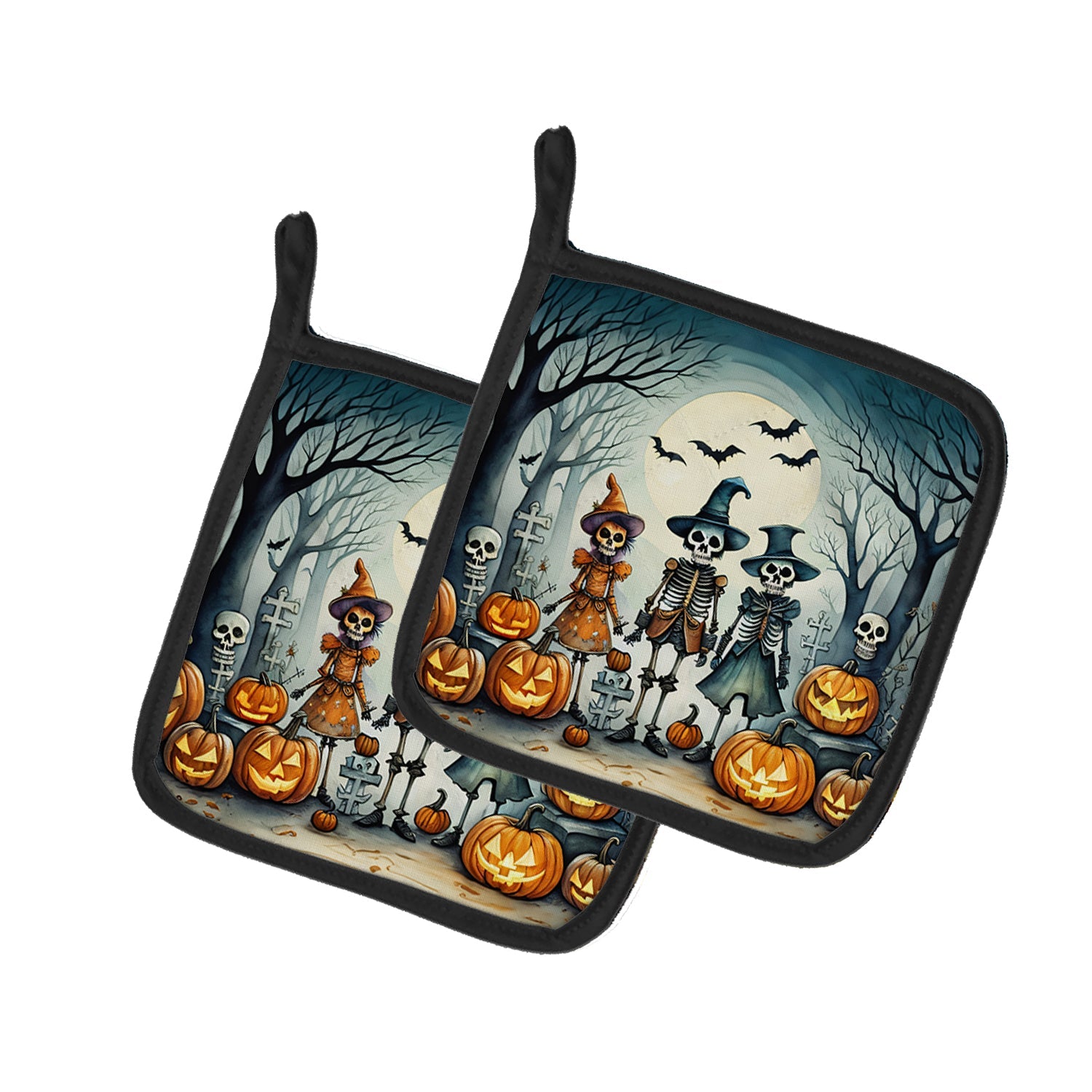 Calacas Skeletons Spooky Halloween Pot Holder Set of 2 Heat Resistant Quilted Hot Pads 7.5 x 7.5 Inch, Insulated Kitchen Trivets for Cooking & Baking