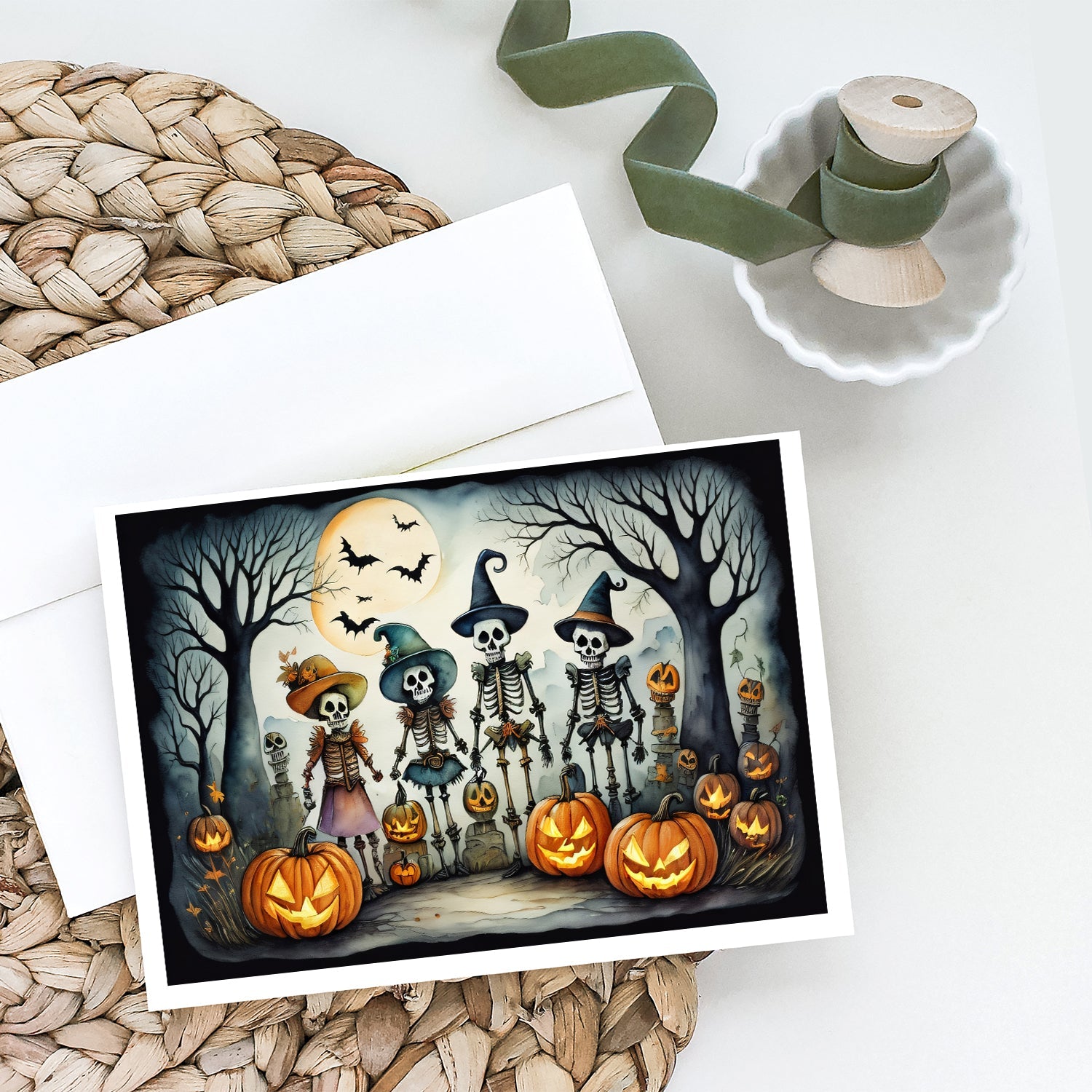 Calacas Skeletons Spooky Halloween Greeting Cards Pack of 8 Blank Cards with Envelopes Whimsical A7 Size 5x7