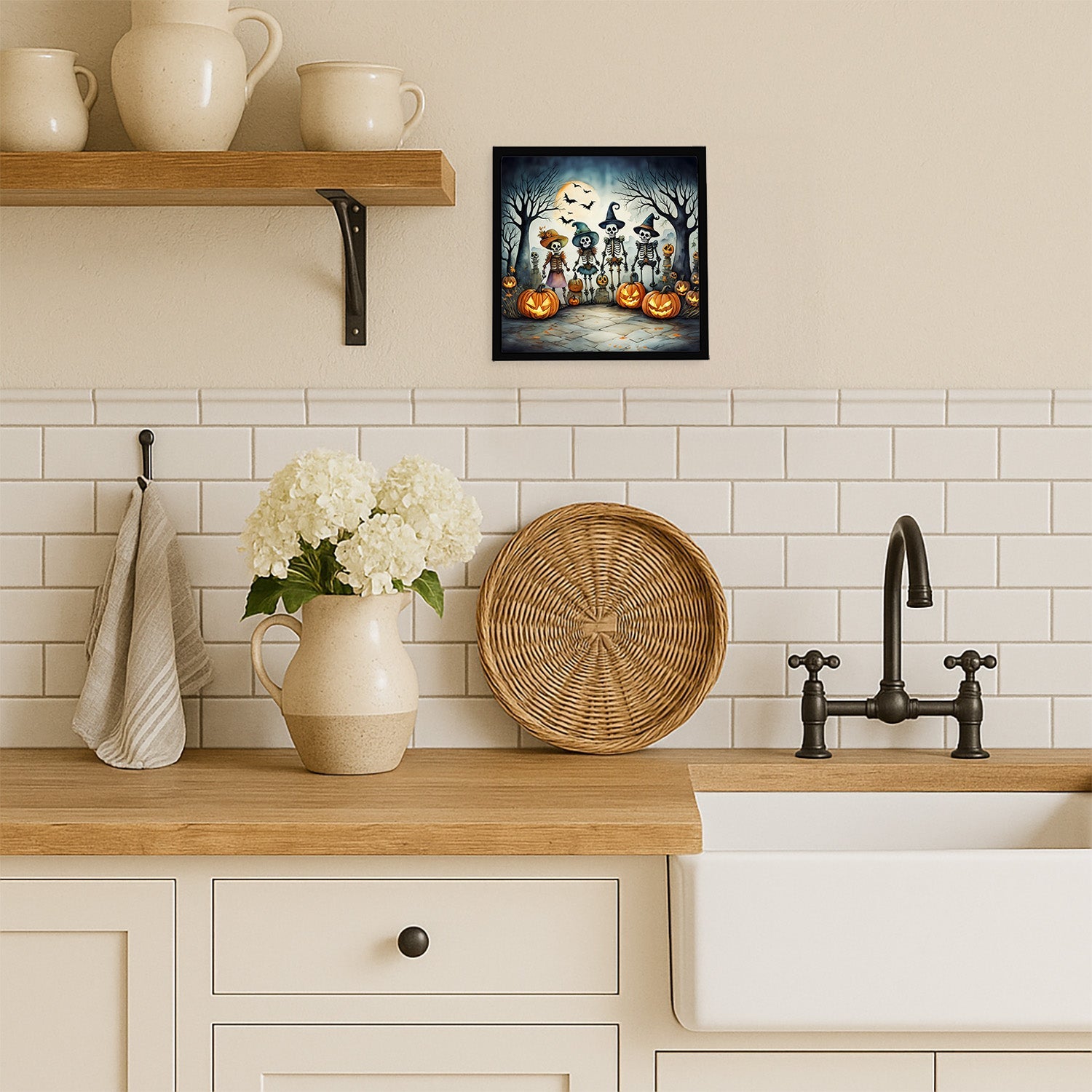 Calacas Skeletons Spooky Halloween Framed Metal Print Bathroom, Kitchen, Office, Home Decor Wall Art Ready to Hang, Square, 8X8