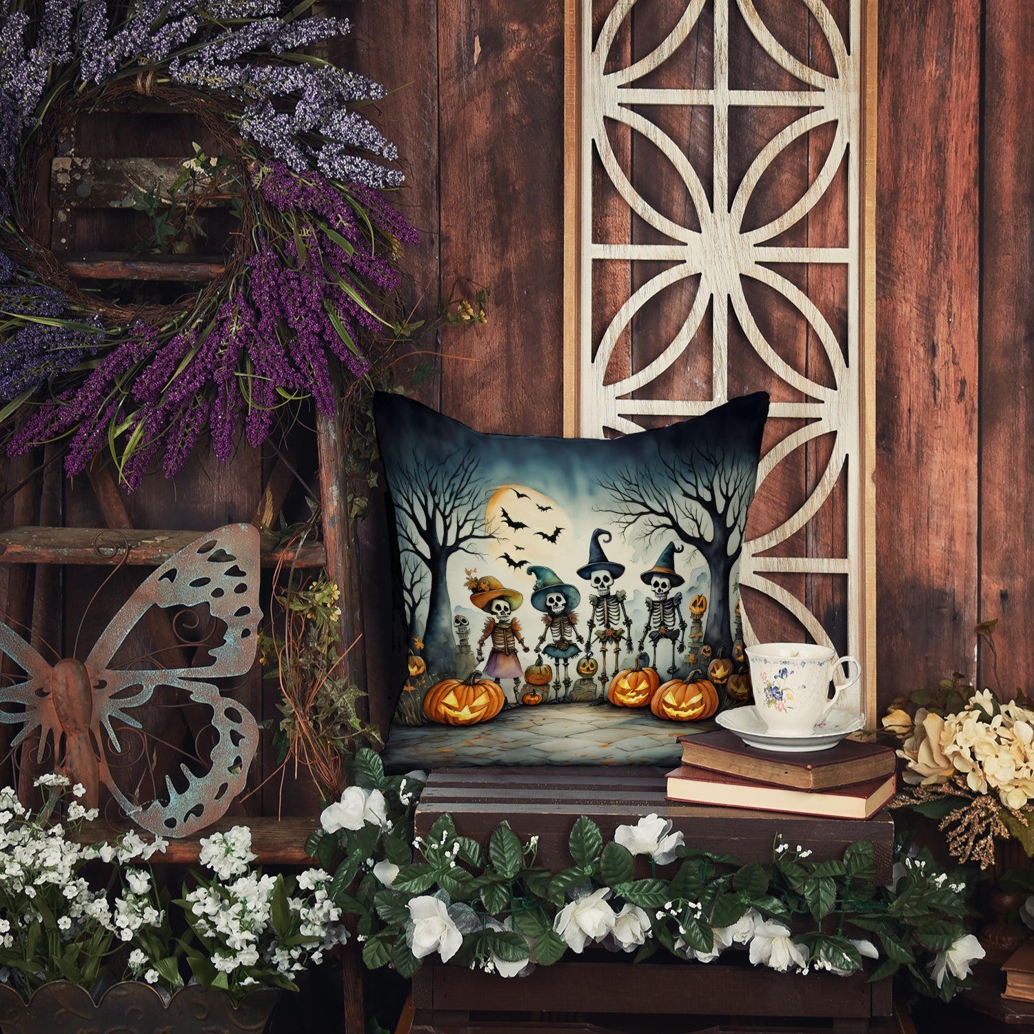 Calacas Skeletons Spooky Halloween Decorative Throw Pillow 14x14 Indoor Outdoor Accent Cushion, Fabric Cover with Insert for Sofa, Bed, Porch & Living Room