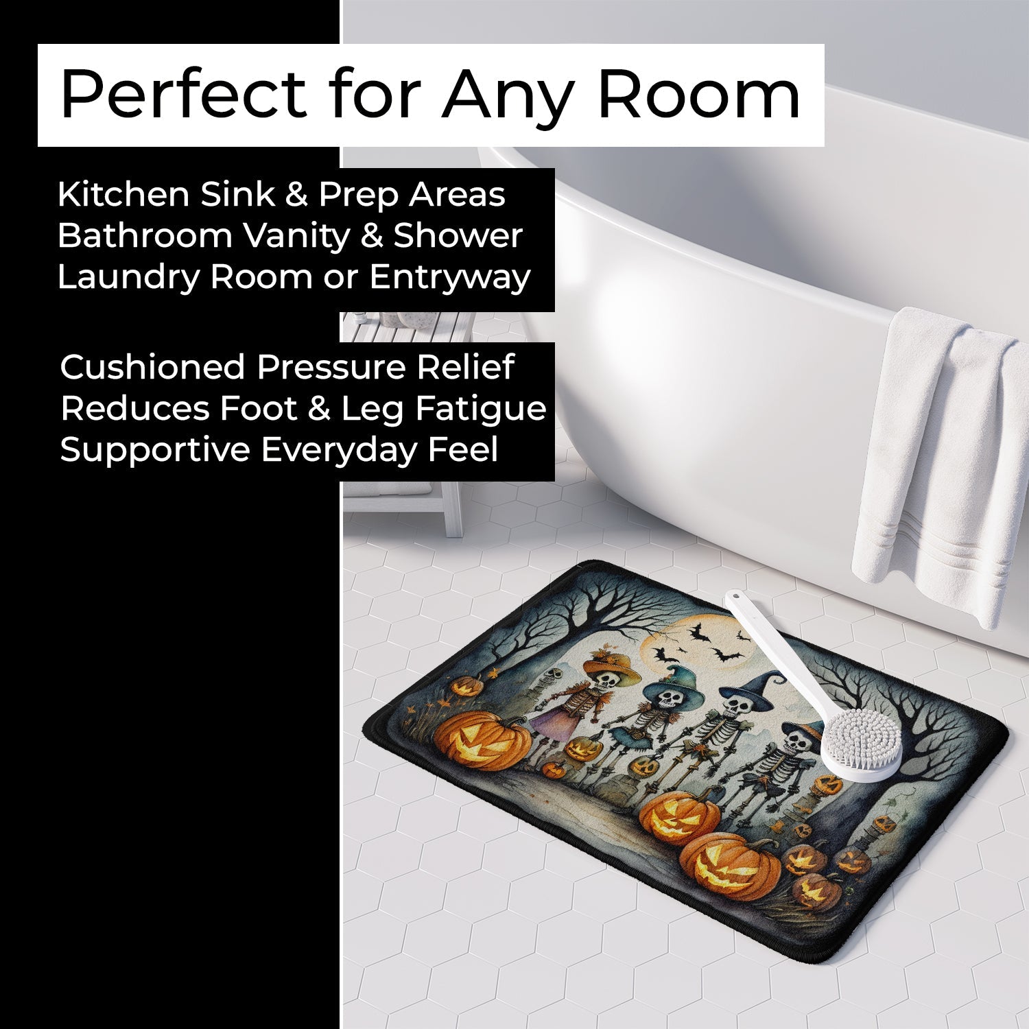 Calacas Skeletons Spooky Halloween Memory Foam Kitchen Mat Machine Washable Anti-Fatigue Cushion Comfort Bath or Kitchen Rug