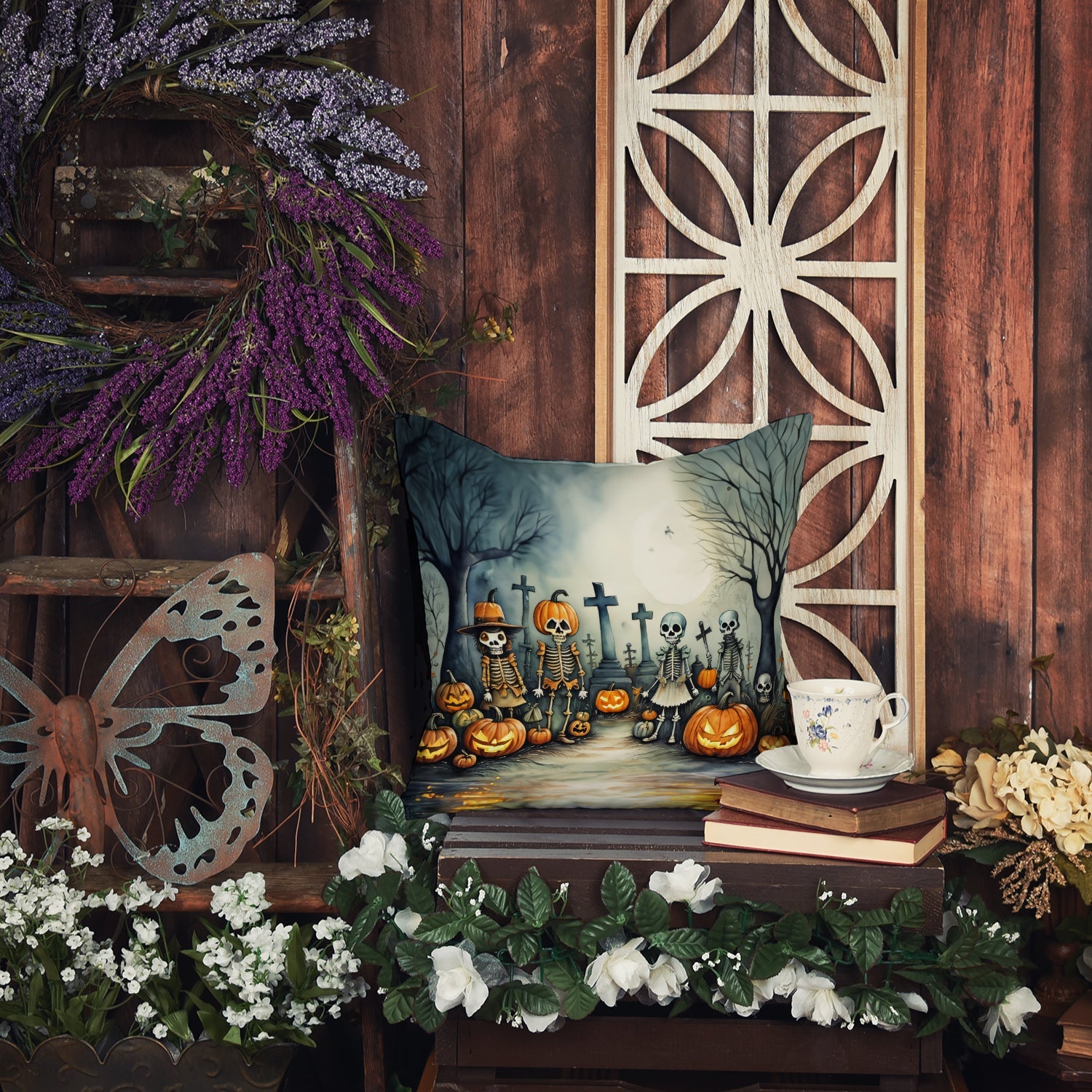 Calacas Skeletons Spooky Halloween Decorative Throw Pillow 14x14 Indoor Outdoor Accent Cushion, Fabric Cover with Insert for Sofa, Bed, Porch & Living Room