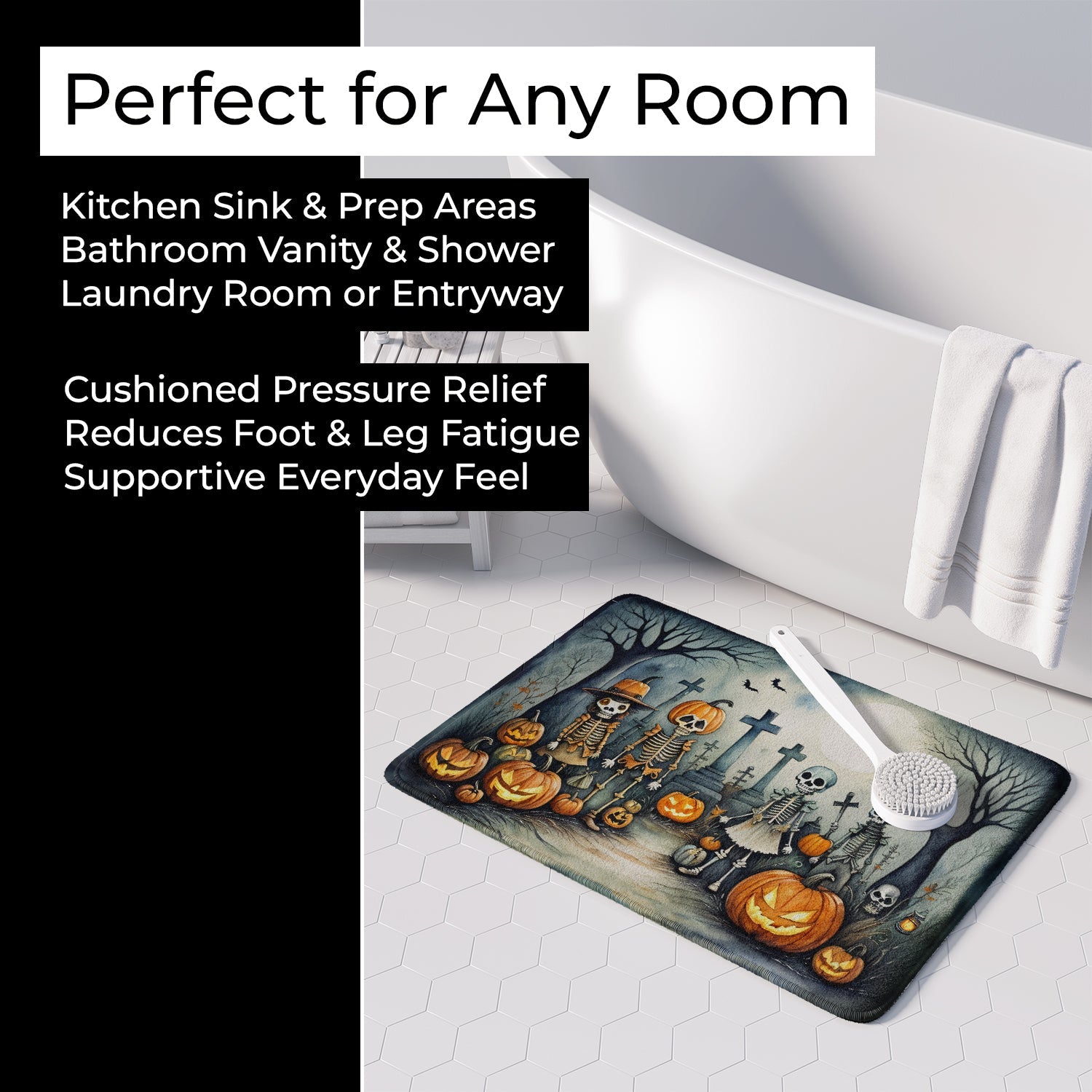Calacas Skeletons Spooky Halloween Memory Foam Kitchen Mat Machine Washable Anti-Fatigue Cushion Comfort Bath or Kitchen Rug