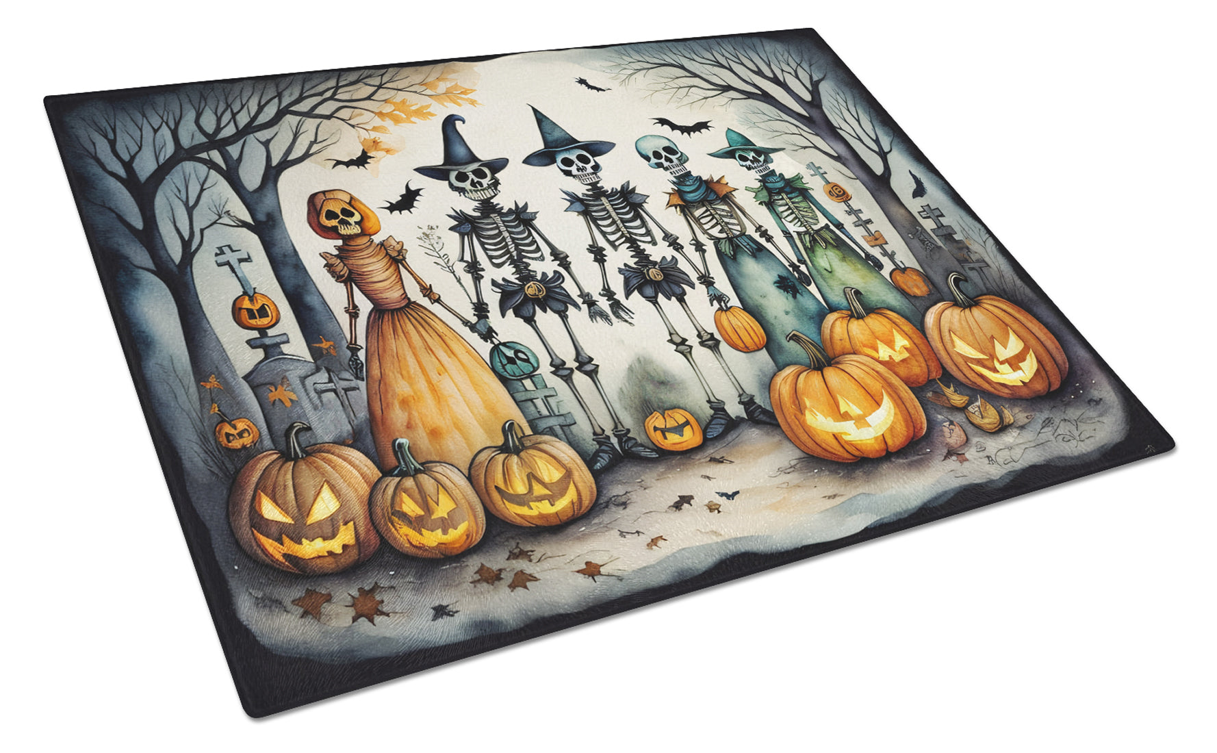 Calacas Skeletons Spooky Halloween Cutting Board Tempered Glass Kitchen Cutting Surface, Heat Resistant Chopping, Non-Slip Feet, Food Prep & Serving