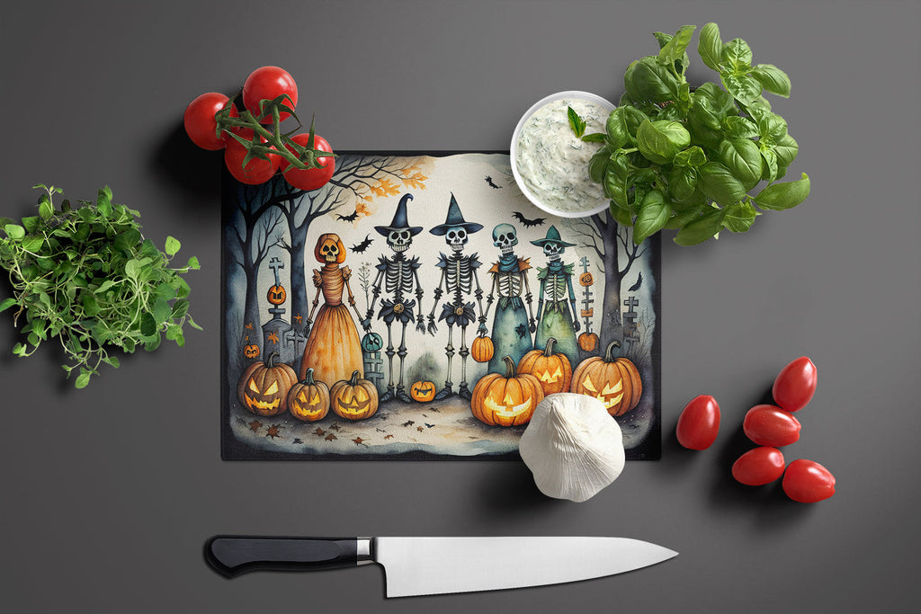 Calacas Skeletons Spooky Halloween Cutting Board Tempered Glass Kitchen Cutting Surface, Heat Resistant Chopping, Non-Slip Feet, Food Prep & Serving