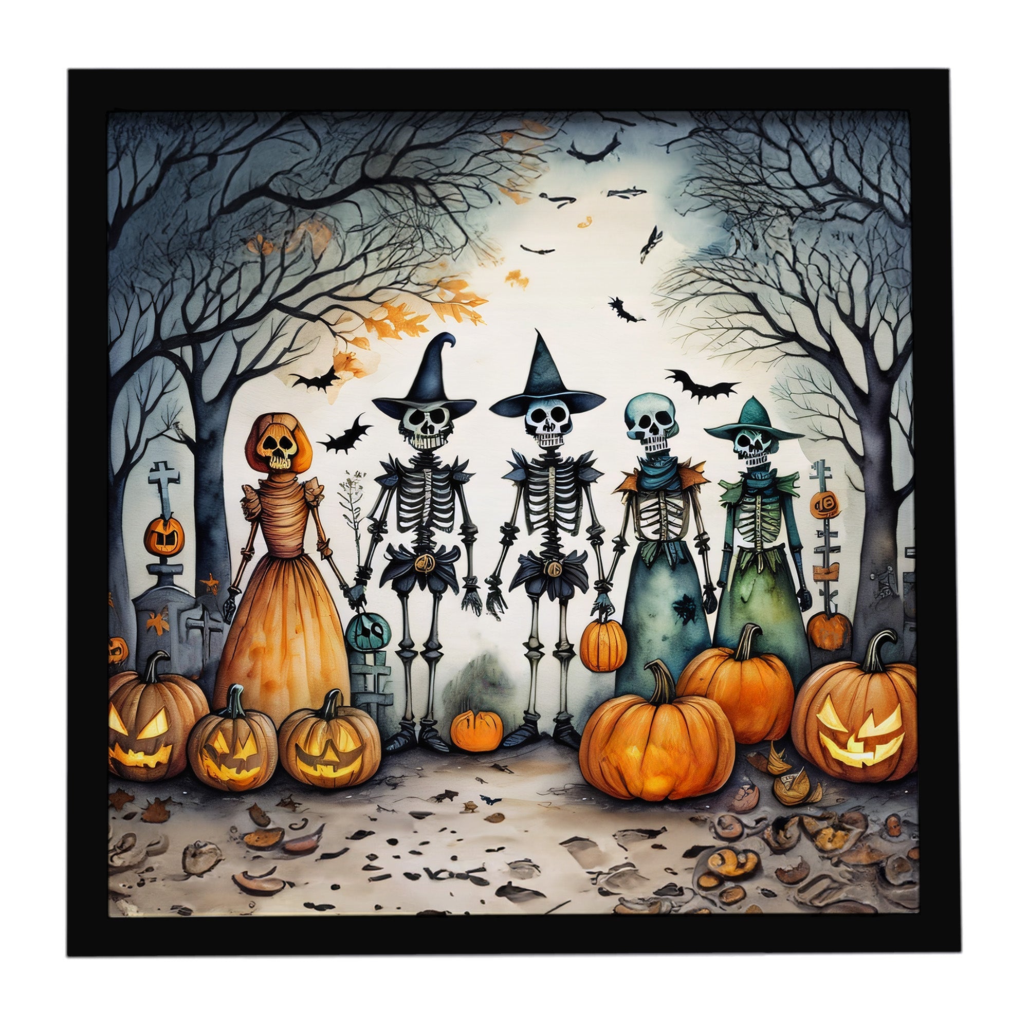 Calacas Skeletons Spooky Halloween Framed Metal Print Bathroom, Kitchen, Office, Home Decor Wall Art Ready to Hang, Square, 8X8