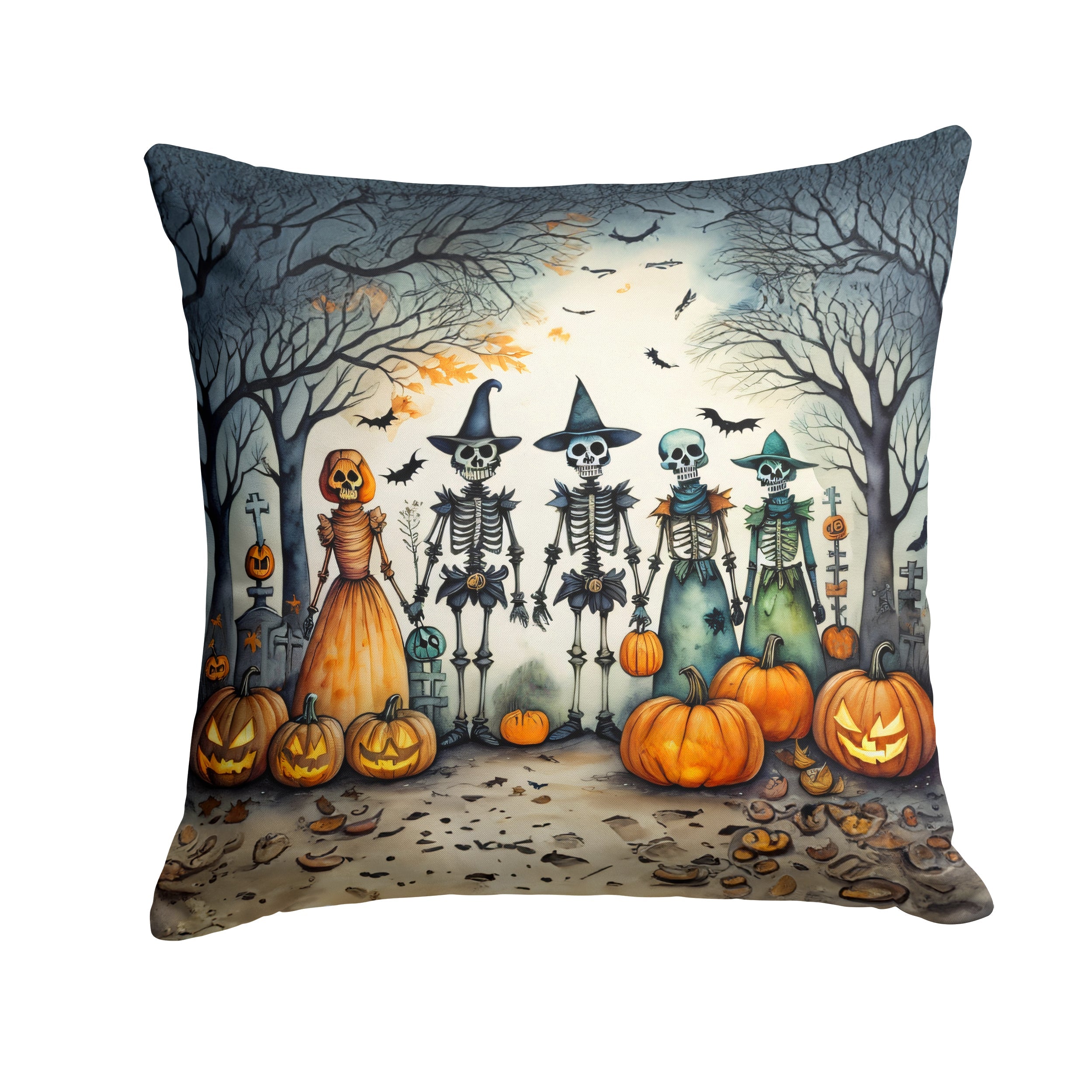Calacas Skeletons Spooky Halloween Decorative Throw Pillow 14x14 Indoor Outdoor Accent Cushion, Fabric Cover with Insert for Sofa, Bed, Porch & Living Room