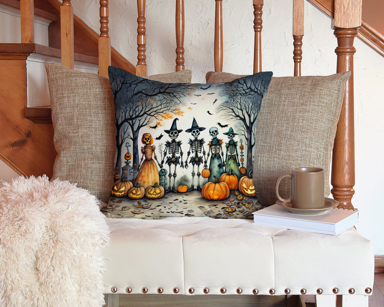 Calacas Skeletons Spooky Halloween Decorative Throw Pillow 14x14 Indoor Outdoor Accent Cushion, Fabric Cover with Insert for Sofa, Bed, Porch & Living Room
