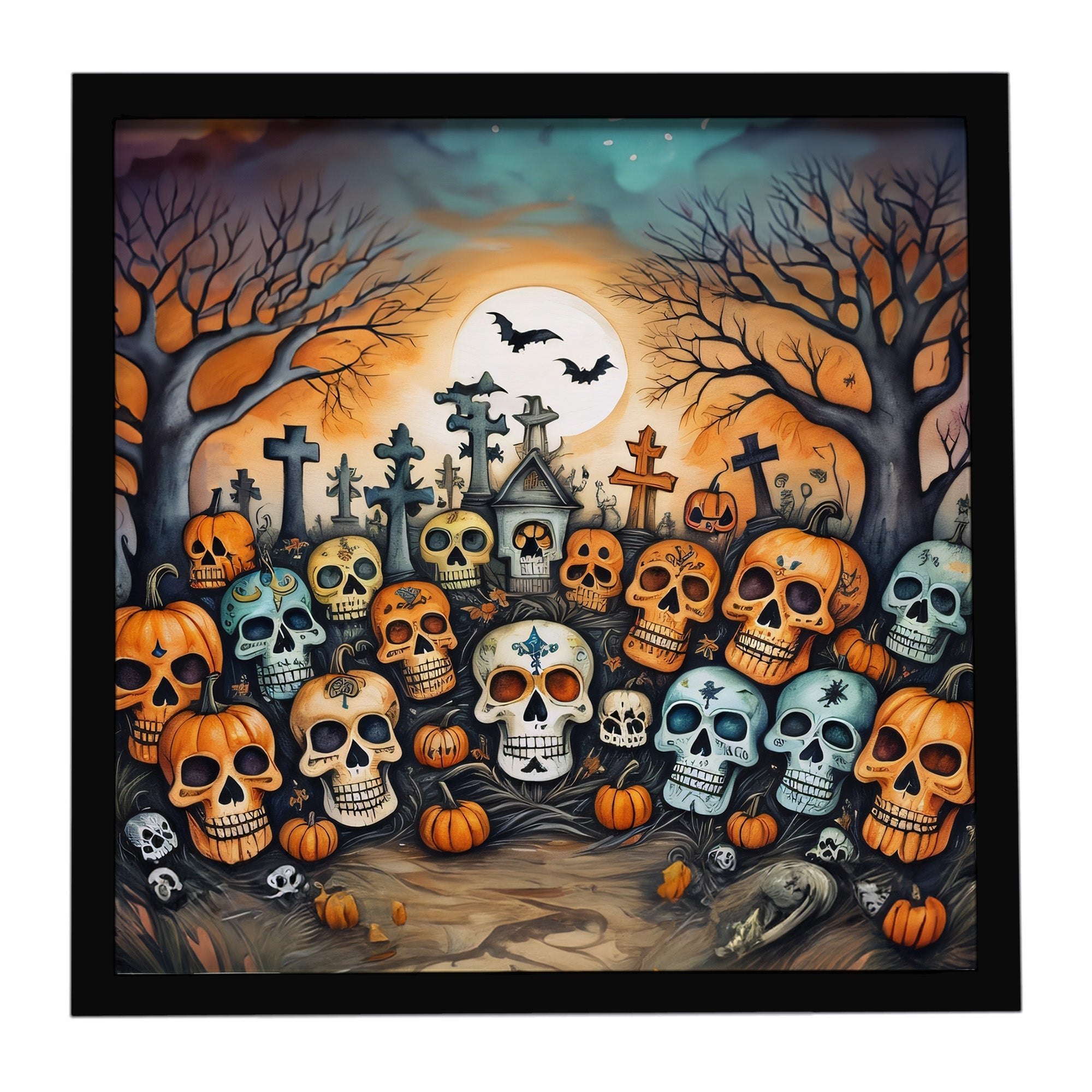 Calaveras Sugar Skulls Spooky Halloween Framed Metal Print Bathroom, Kitchen, Office, Home Decor Wall Art Ready to Hang, Square, 8X8