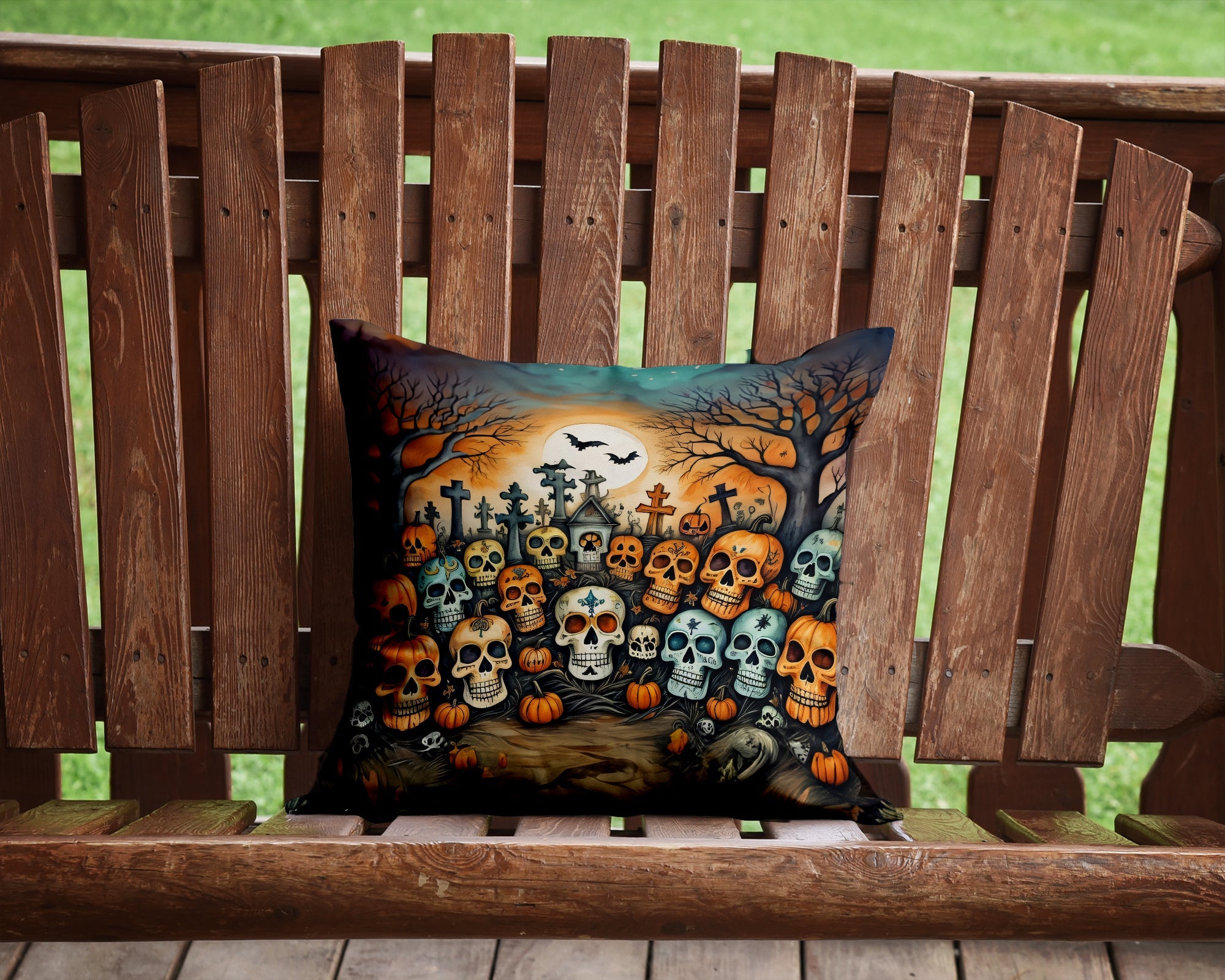 Calaveras Sugar Skulls Spooky Halloween Decorative Throw Pillow 14x14 Indoor Outdoor Accent Cushion, Fabric Cover with Insert for Sofa, Bed, Porch & Living Room