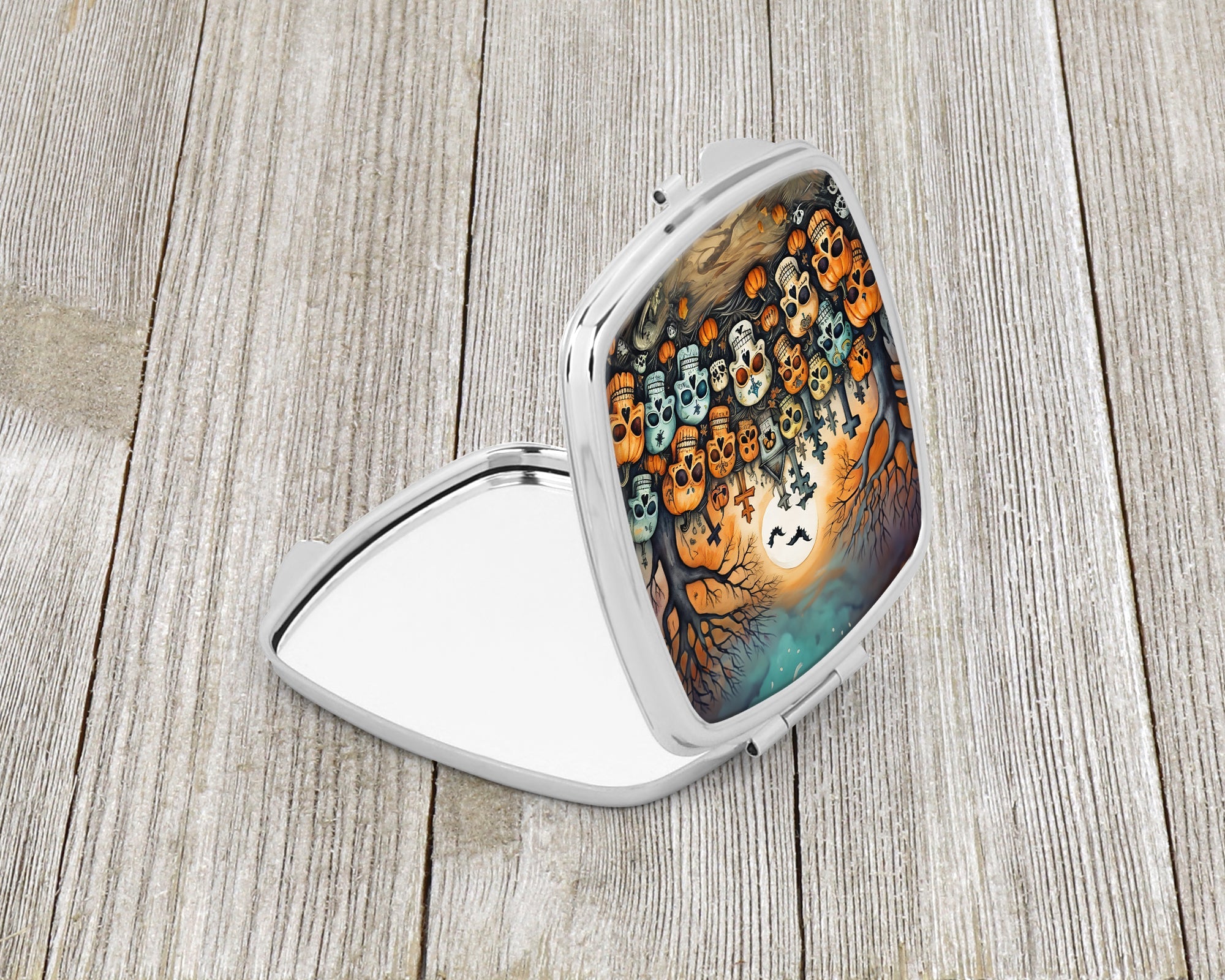 Calaveras Sugar Skulls Spooky Halloween Compact Mirror Decorative Travel Makeup Mirror for Women Girls Gifts Pocket Makeup Mirror Folding Handheld