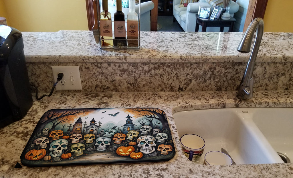 Calaveras Sugar Skulls Spooky Halloween Dish Drying Mat Absorbent Dish Drying Mat Pad for Kitchen Counter Dish Drainer Mat for Countertop, 14 x 21", Multicolor
