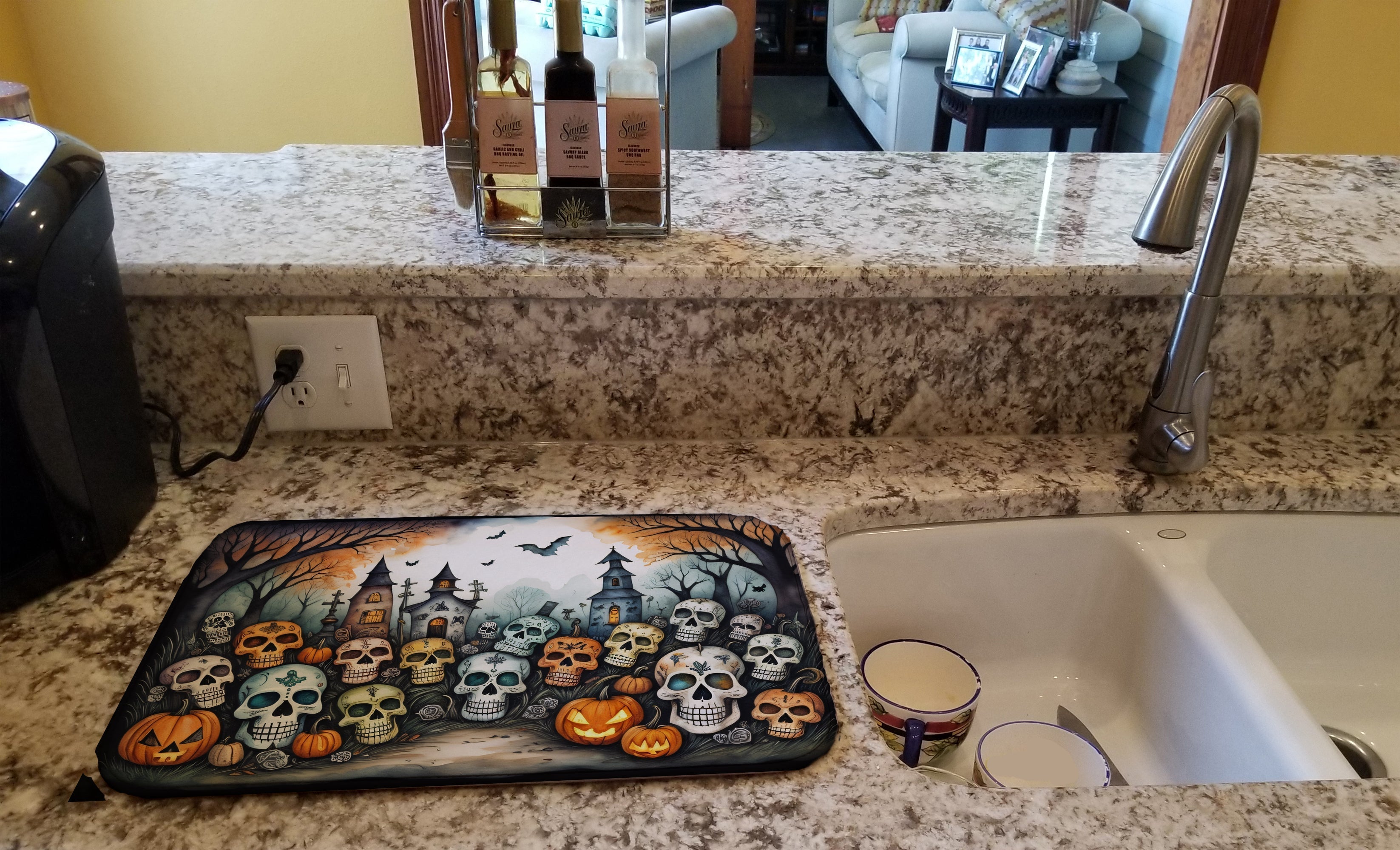 Calaveras Sugar Skulls Spooky Halloween Dish Drying Mat Absorbent Dish Drying Mat Pad for Kitchen Counter Dish Drainer Mat for Countertop, 14 x 21", Multicolor